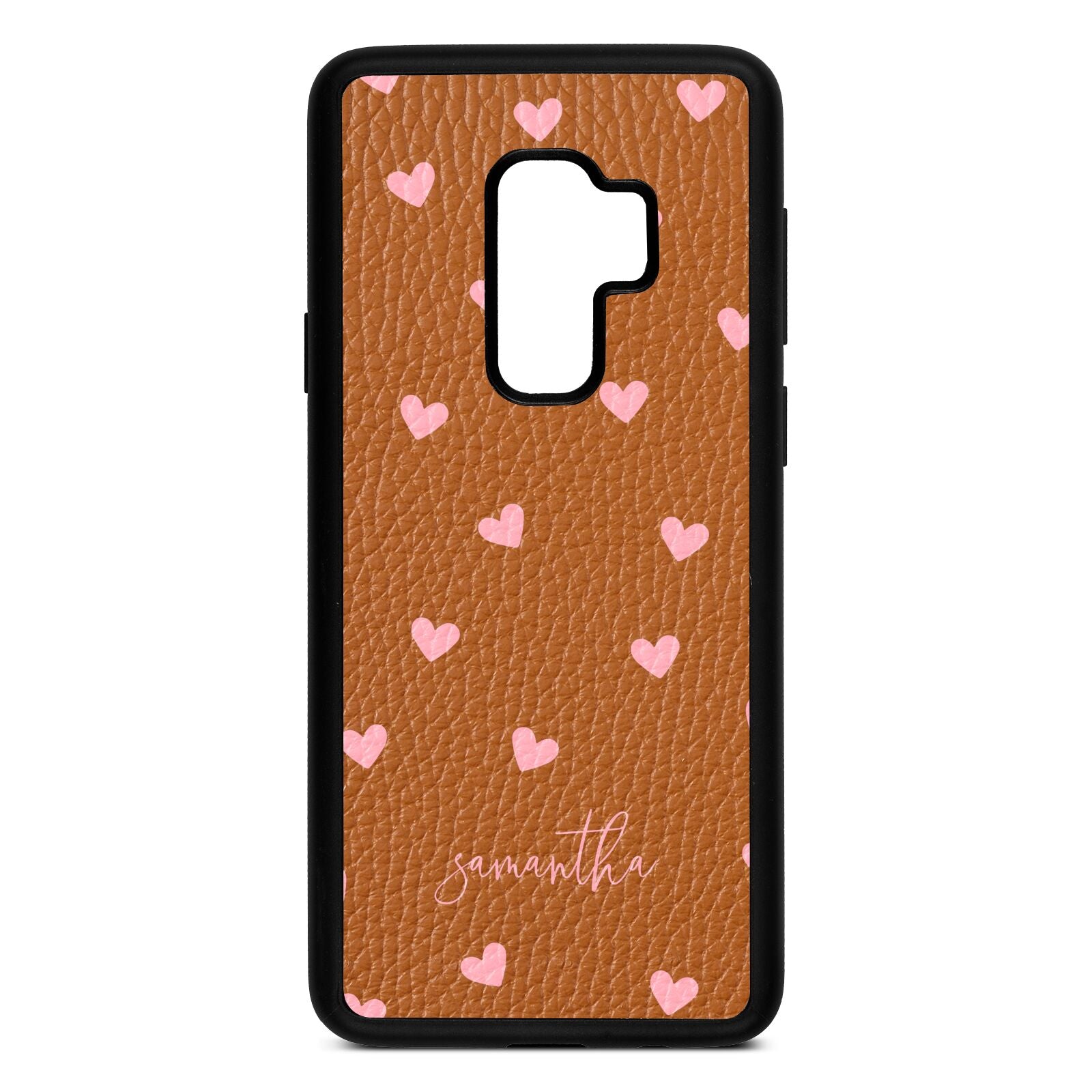 Pink Hearts with Custom Name Tan Pebble Leather Samsung S9 Plus Case