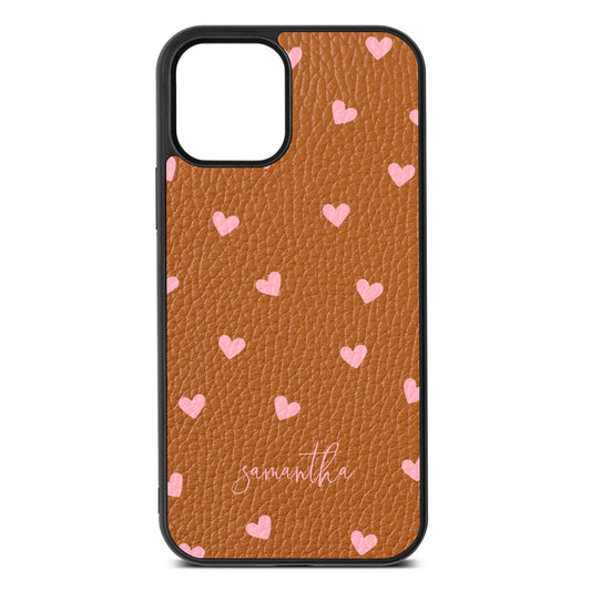 Pink Hearts with Custom Name Tan Pebble Leather iPhone 12 Case