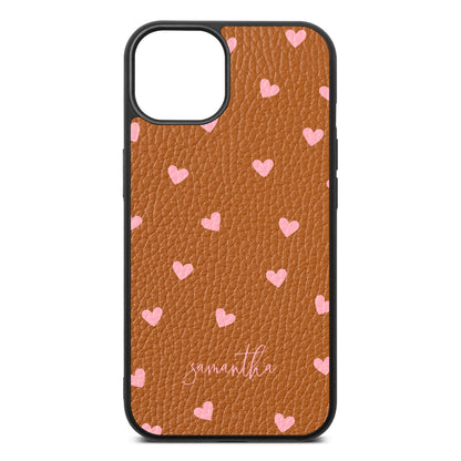 Pink Hearts with Custom Name Tan Pebble Leather iPhone 13 Case