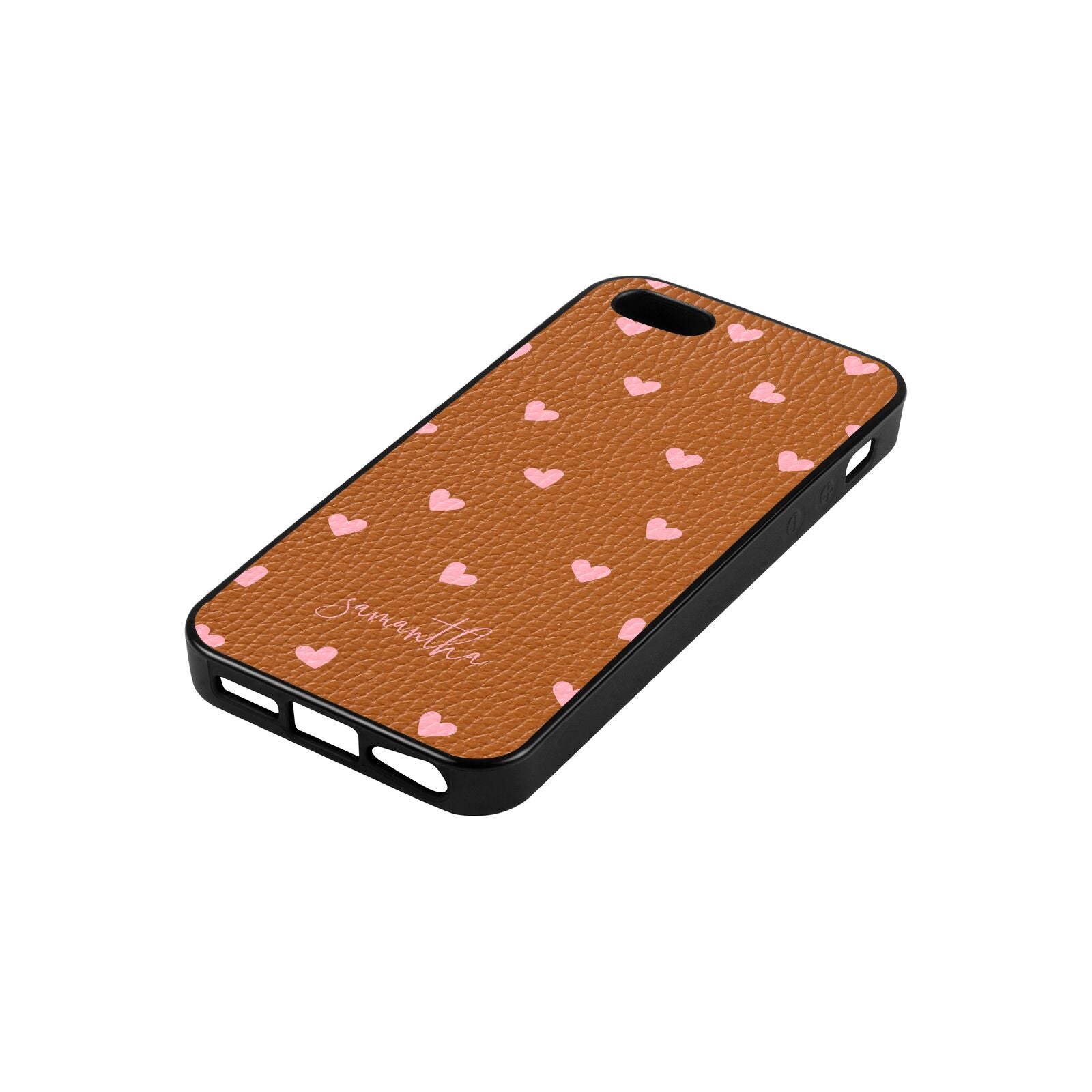 Pink Hearts with Custom Name Tan Pebble Leather iPhone 5 Case Side Angle