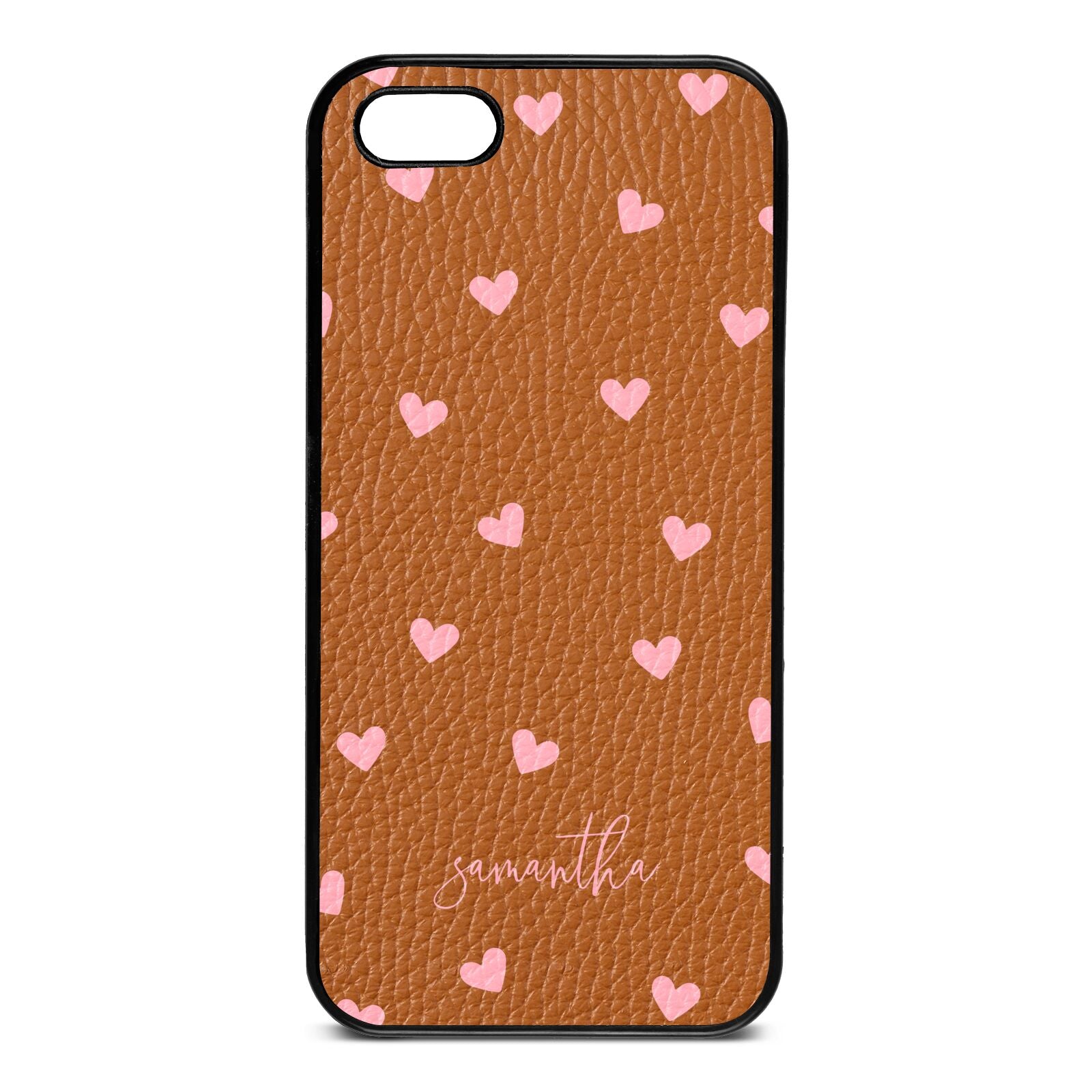 Pink Hearts with Custom Name Tan Pebble Leather iPhone 5 Case