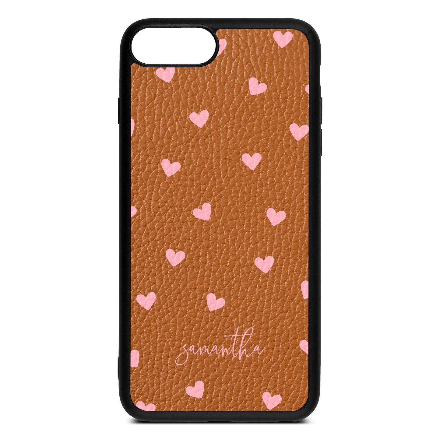 Pink Hearts with Custom Name Tan Pebble Leather iPhone 8 Plus Case