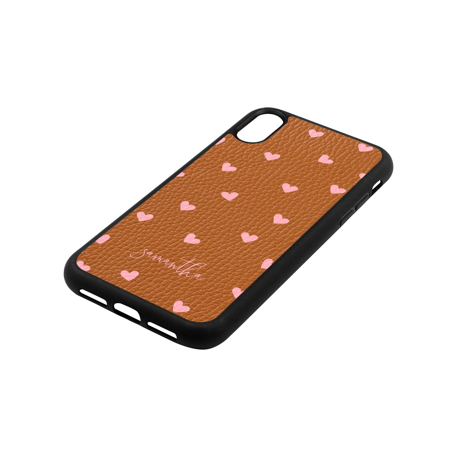 Pink Hearts with Custom Name Tan Pebble Leather iPhone Xr Case Side Angle