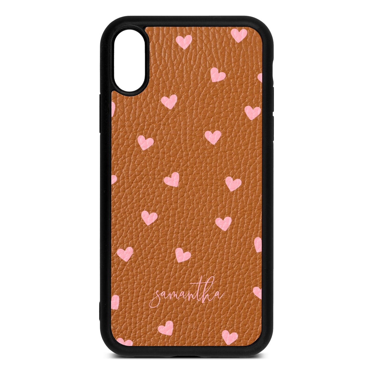 Pink Hearts with Custom Name Tan Pebble Leather iPhone Xr Case