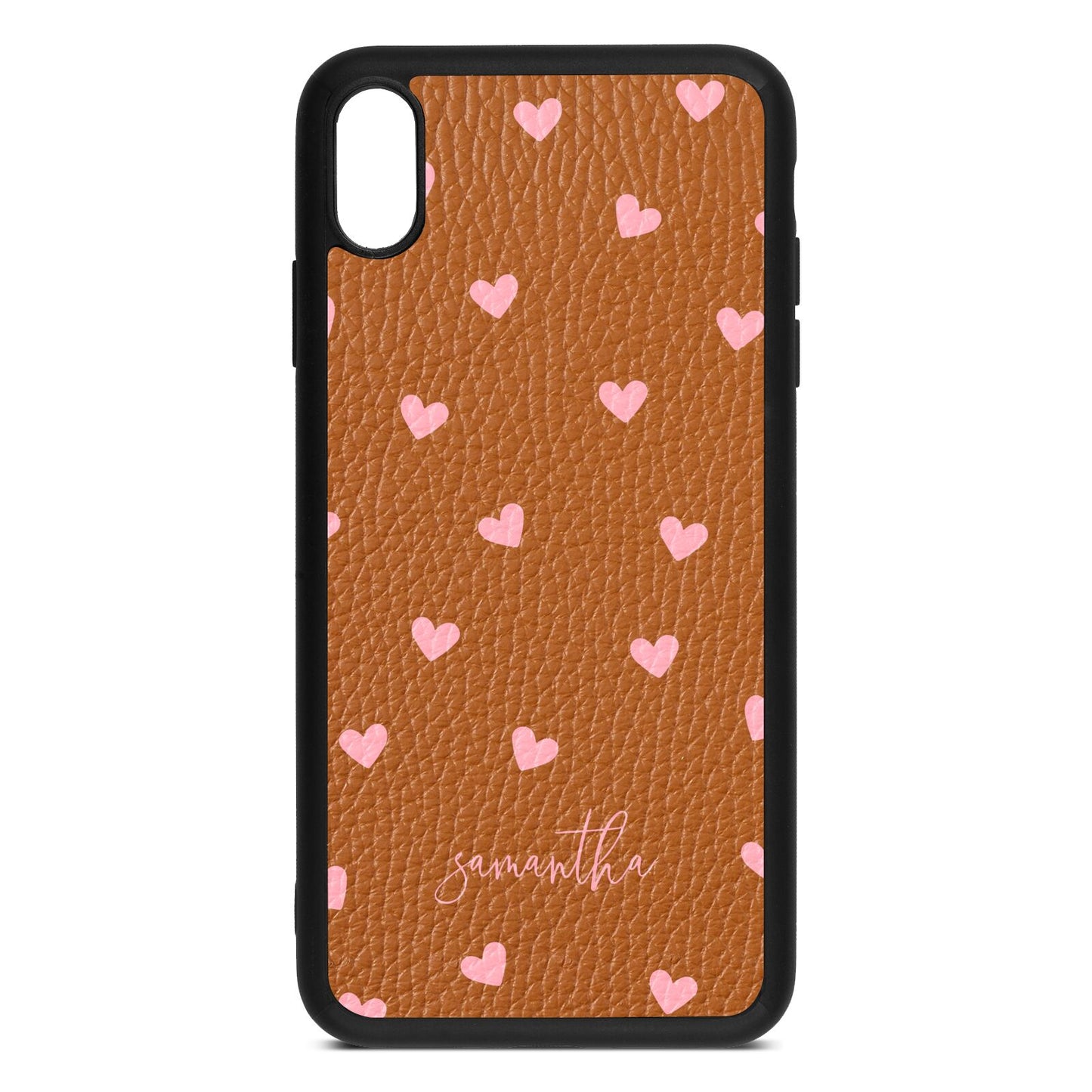 Pink Hearts with Custom Name Tan Pebble Leather iPhone Xs Max Case