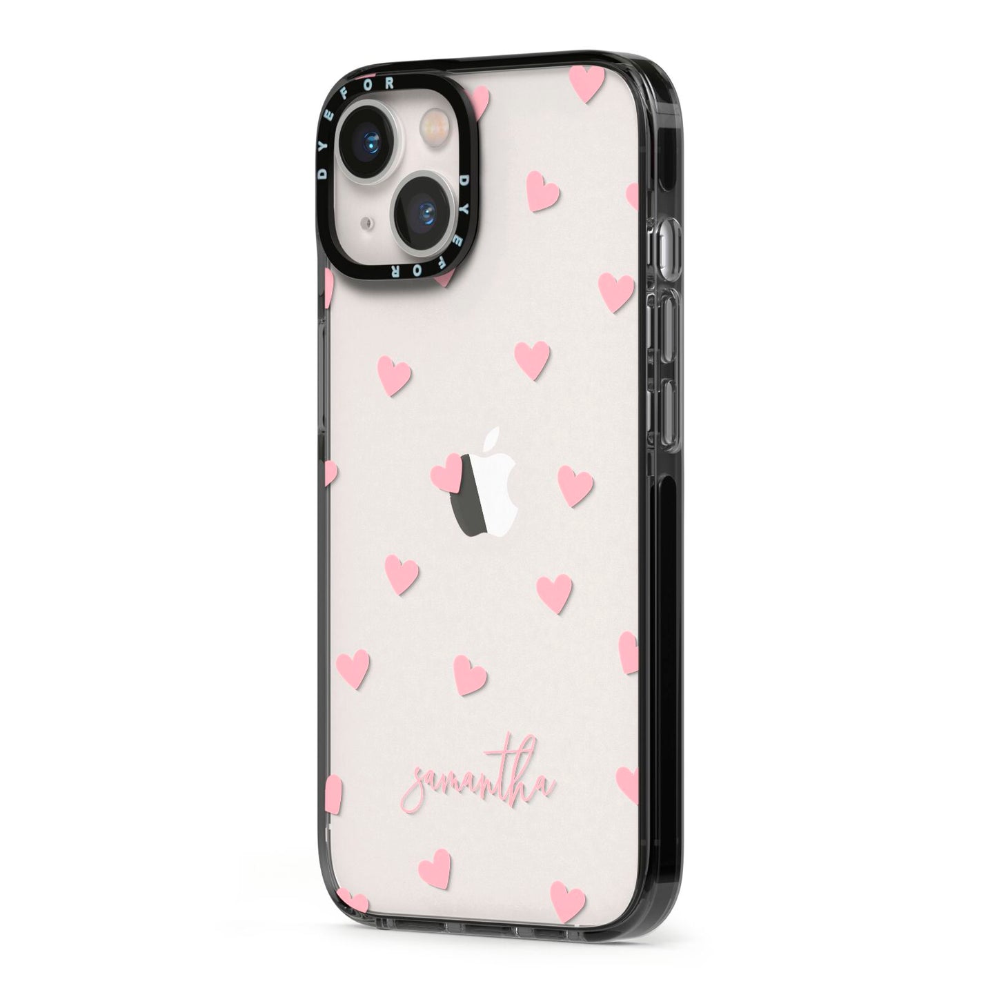 Pink Hearts with Custom Name iPhone 13 Black Impact Case Side Angle on Silver phone