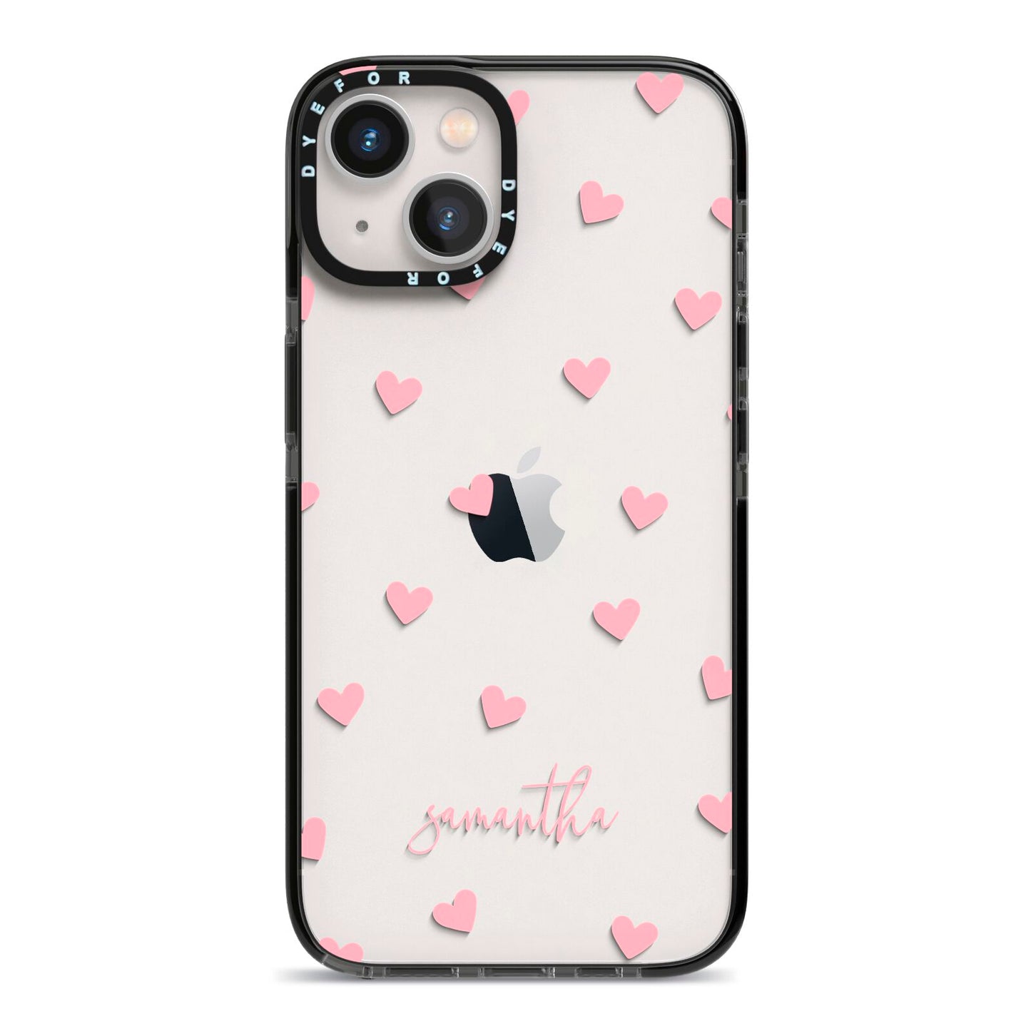 Pink Hearts with Custom Name iPhone 13 Black Impact Case on Silver phone