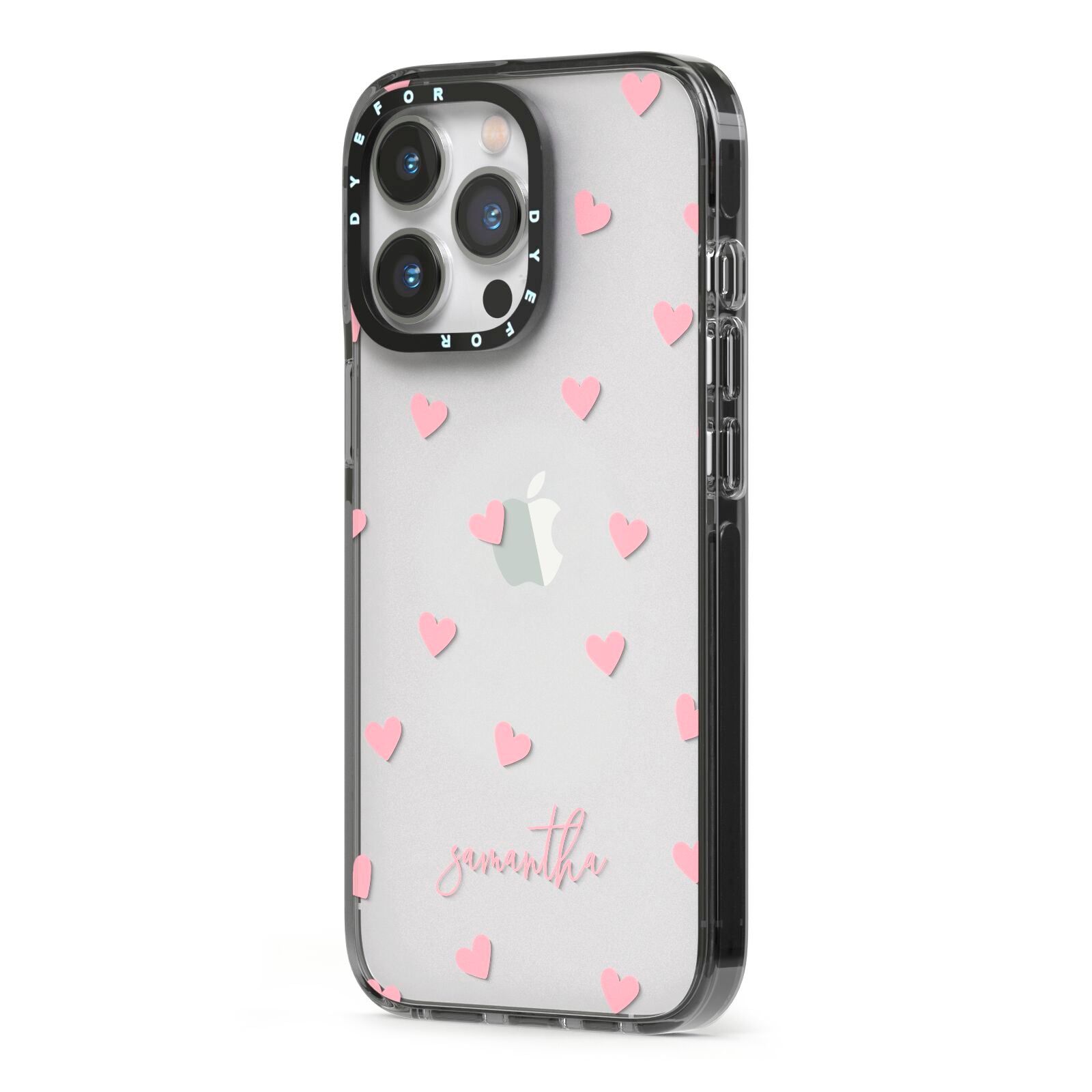 Pink Hearts with Custom Name iPhone 13 Pro Black Impact Case Side Angle on Silver phone