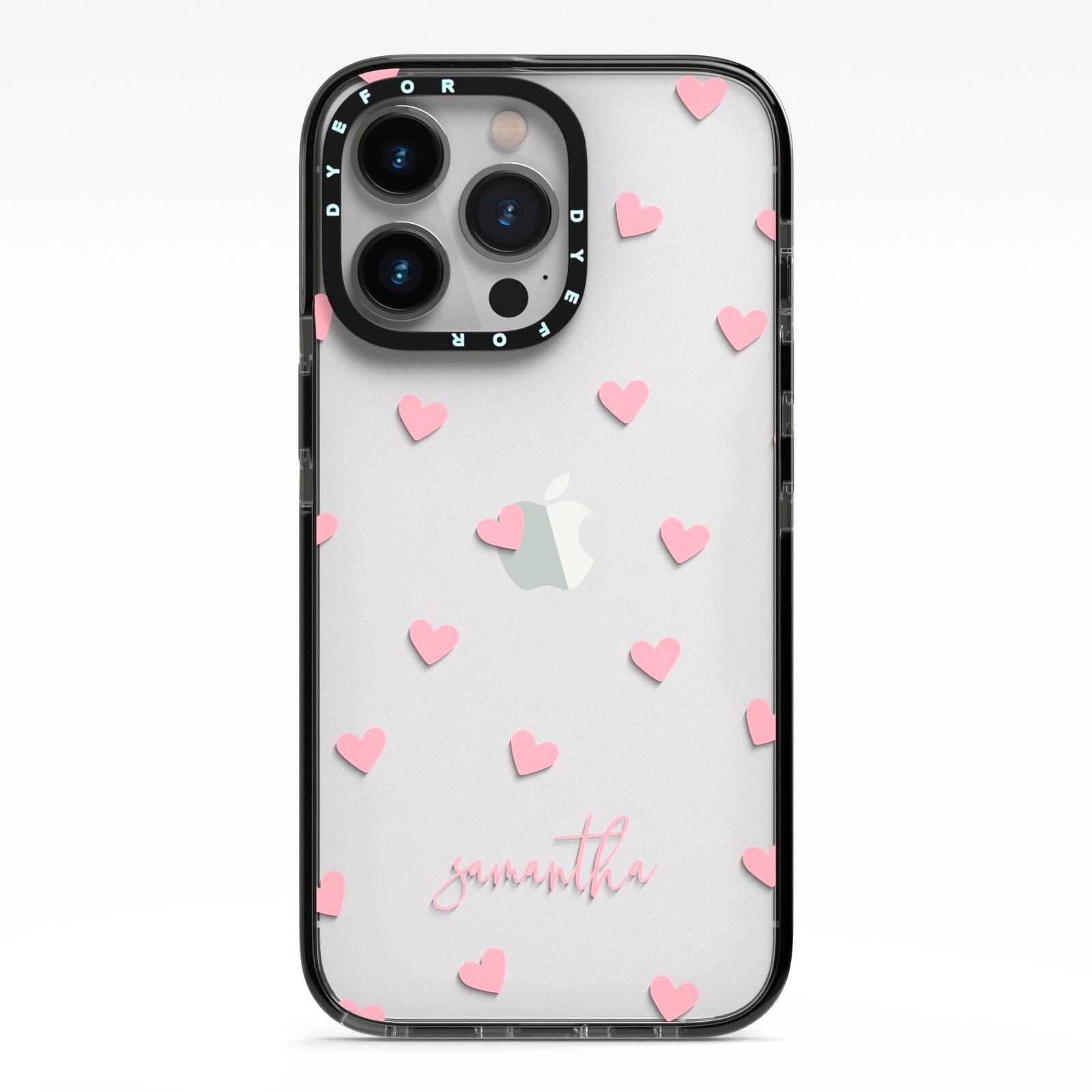 Pink Hearts with Custom Name iPhone 13 Pro Black Impact Case on Silver phone