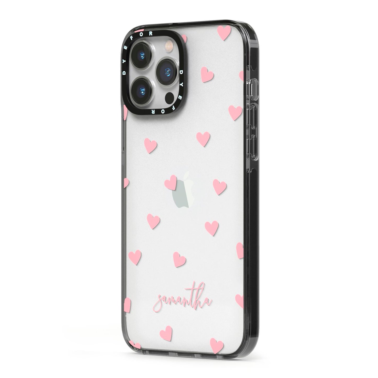 Pink Hearts with Custom Name iPhone 13 Pro Max Black Impact Case Side Angle on Silver phone