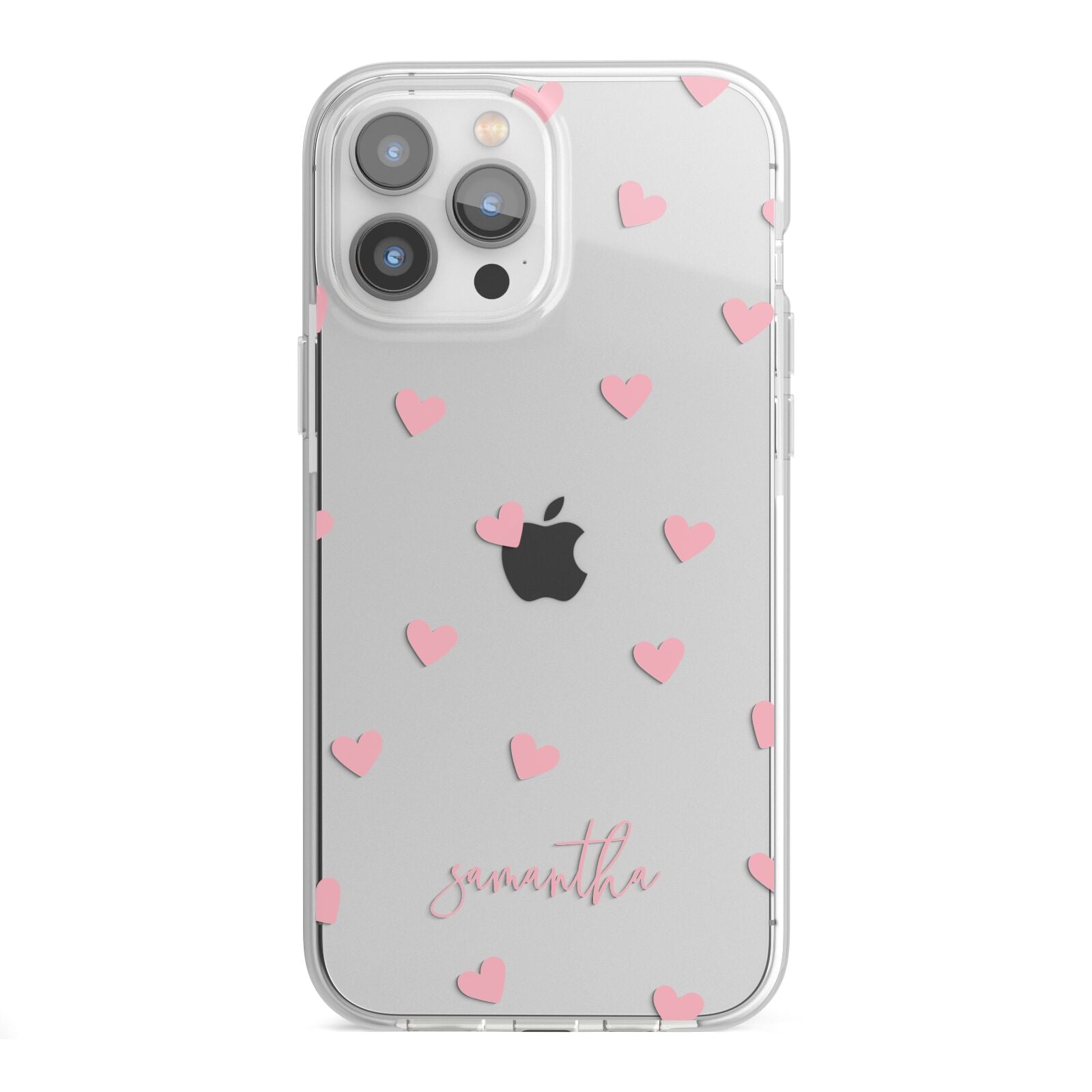 Pink Hearts with Custom Name iPhone 13 Pro Max TPU Impact Case with White Edges