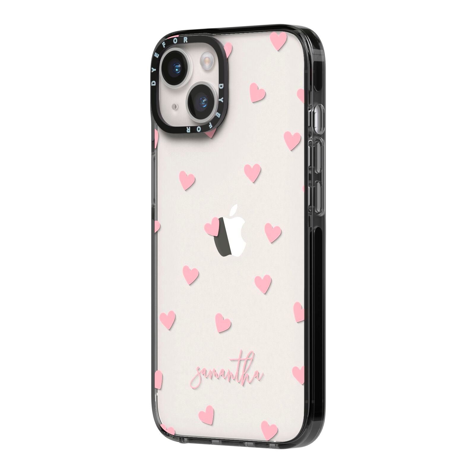 Pink Hearts with Custom Name iPhone 14 Black Impact Case Side Angle on Silver phone