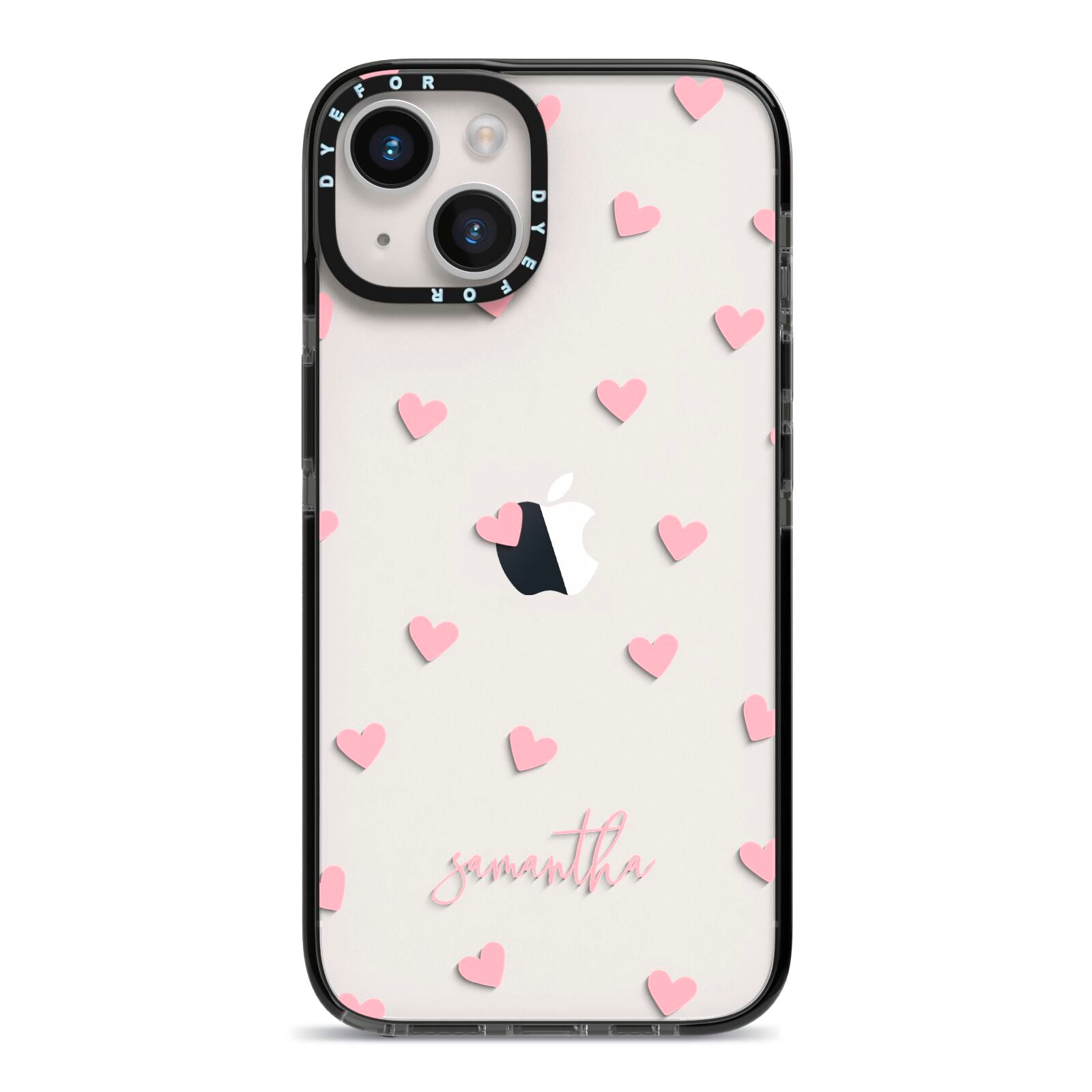 Pink Hearts with Custom Name iPhone 14 Black Impact Case on Silver phone