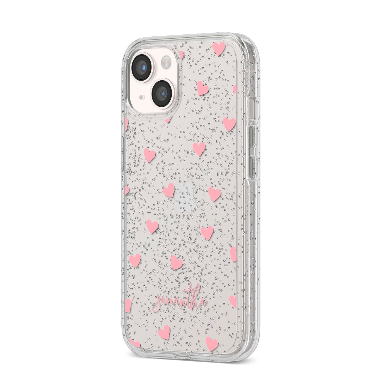 Pink Hearts with Custom Name iPhone 14 Glitter Tough Case Starlight Angled Image
