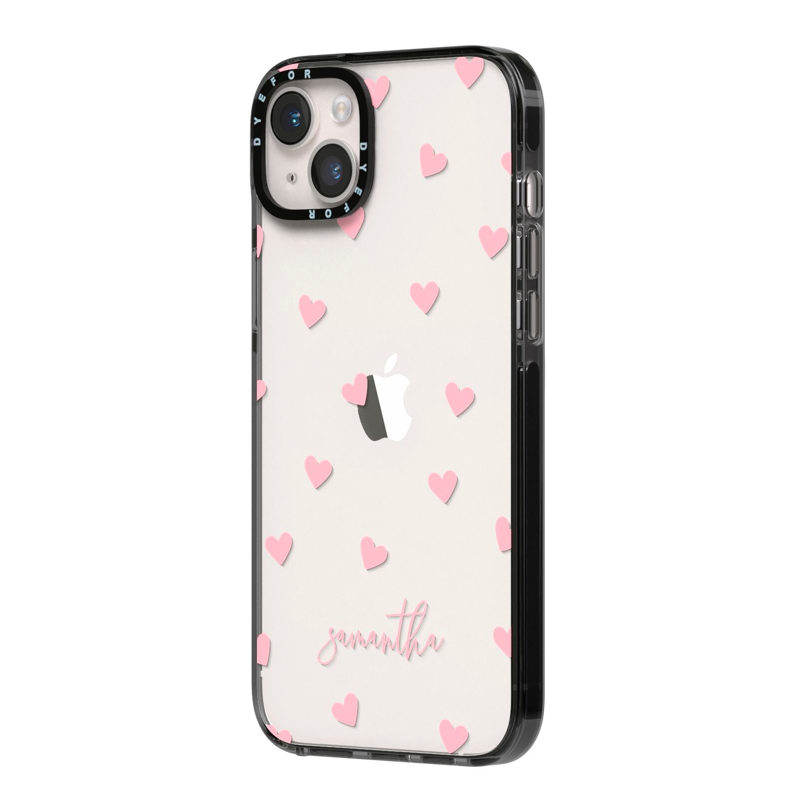 Pink Hearts with Custom Name iPhone 14 Plus Black Impact Case Side Angle on Silver phone