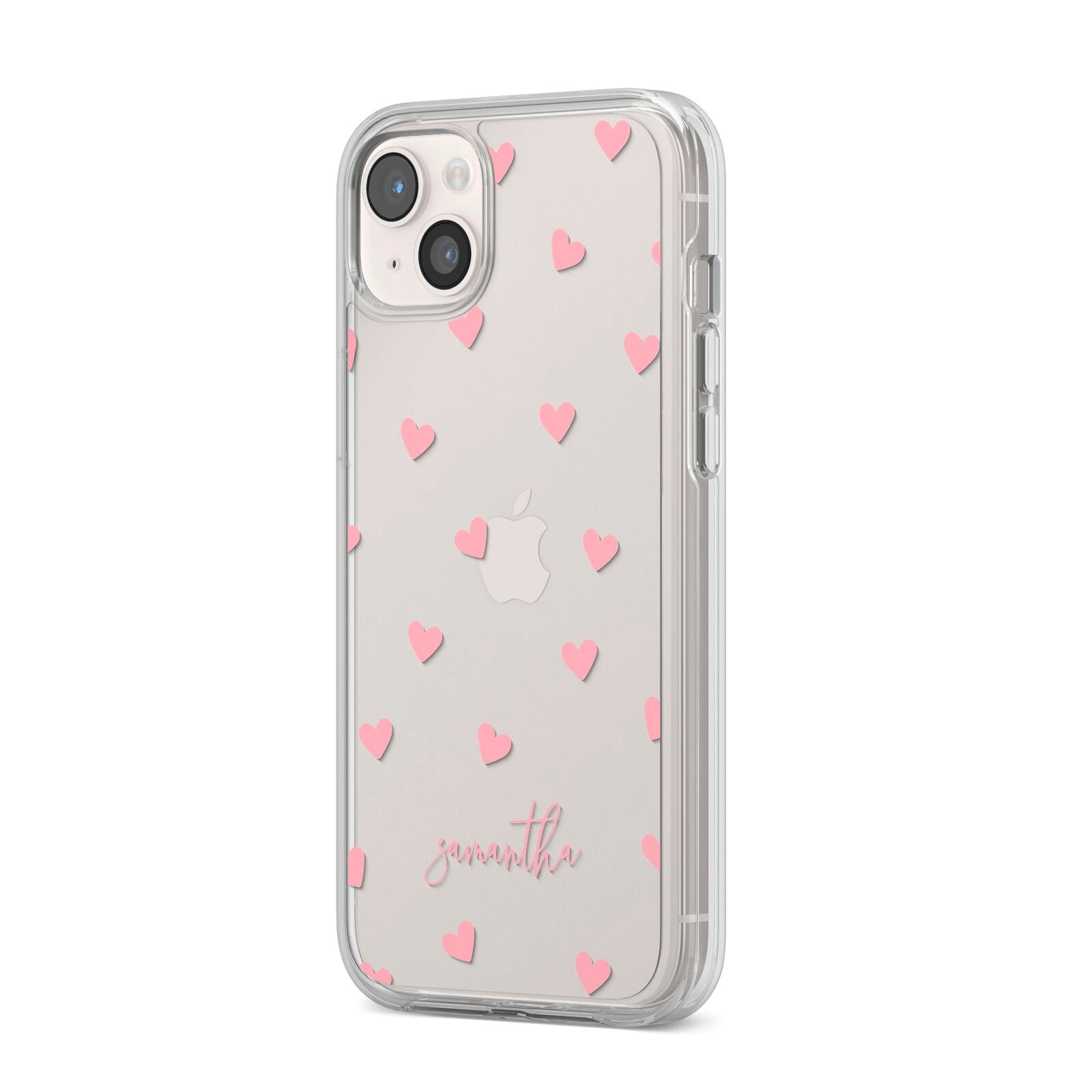 Pink Hearts with Custom Name iPhone 14 Plus Clear Tough Case Starlight Angled Image