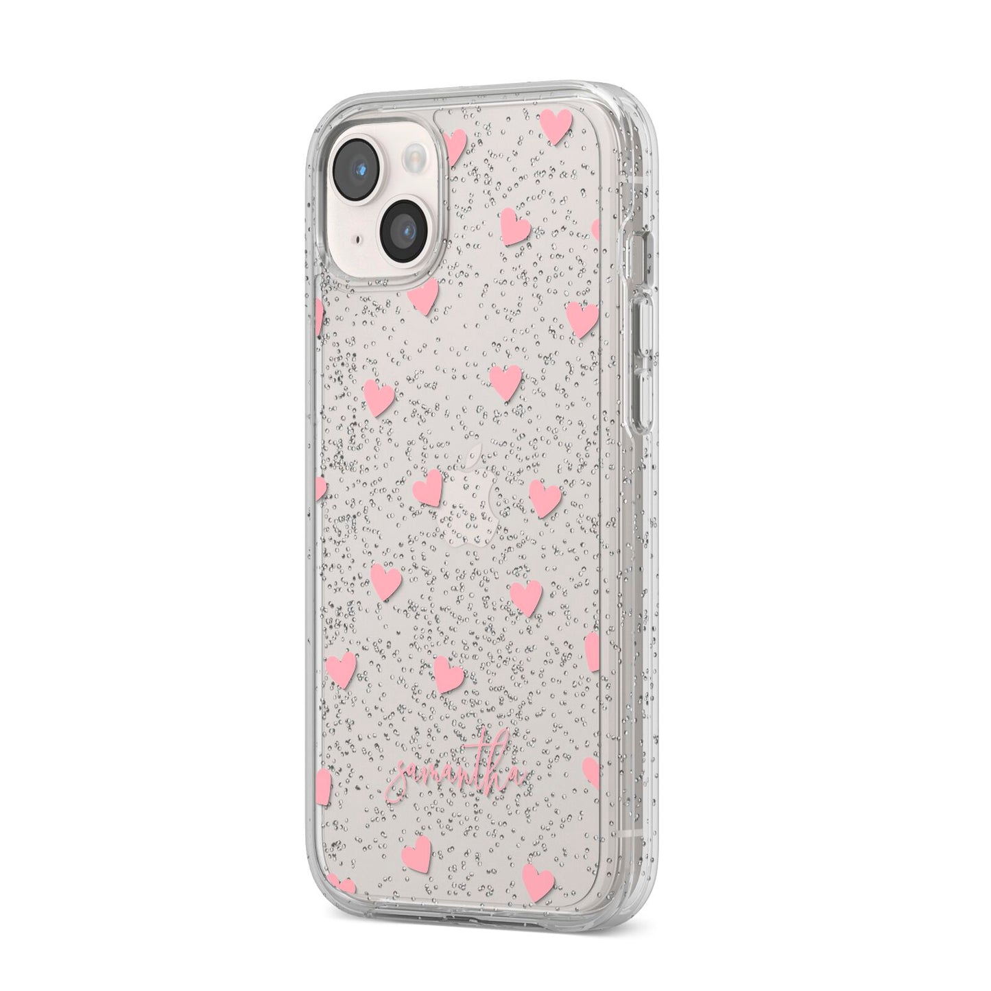 Pink Hearts with Custom Name iPhone 14 Plus Glitter Tough Case Starlight Angled Image