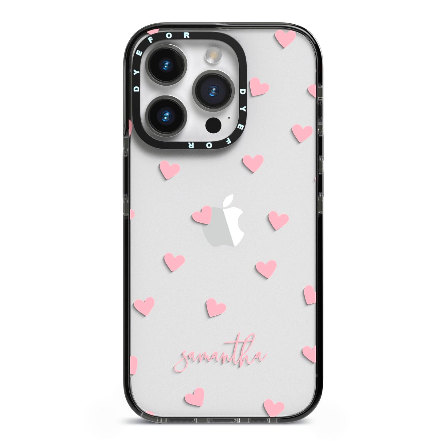 Pink Hearts with Custom Name iPhone 14 Pro Black Impact Case on Silver phone