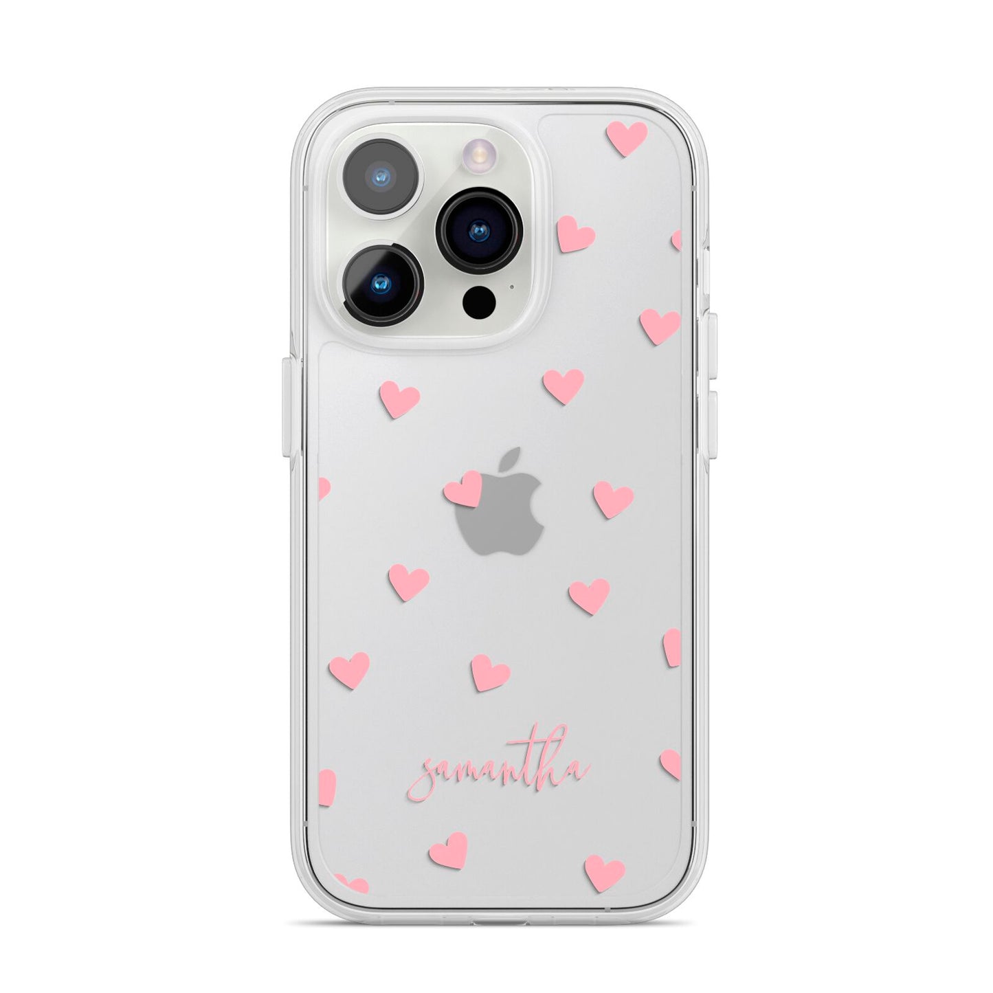 Pink Hearts with Custom Name iPhone 14 Pro Clear Tough Case Silver