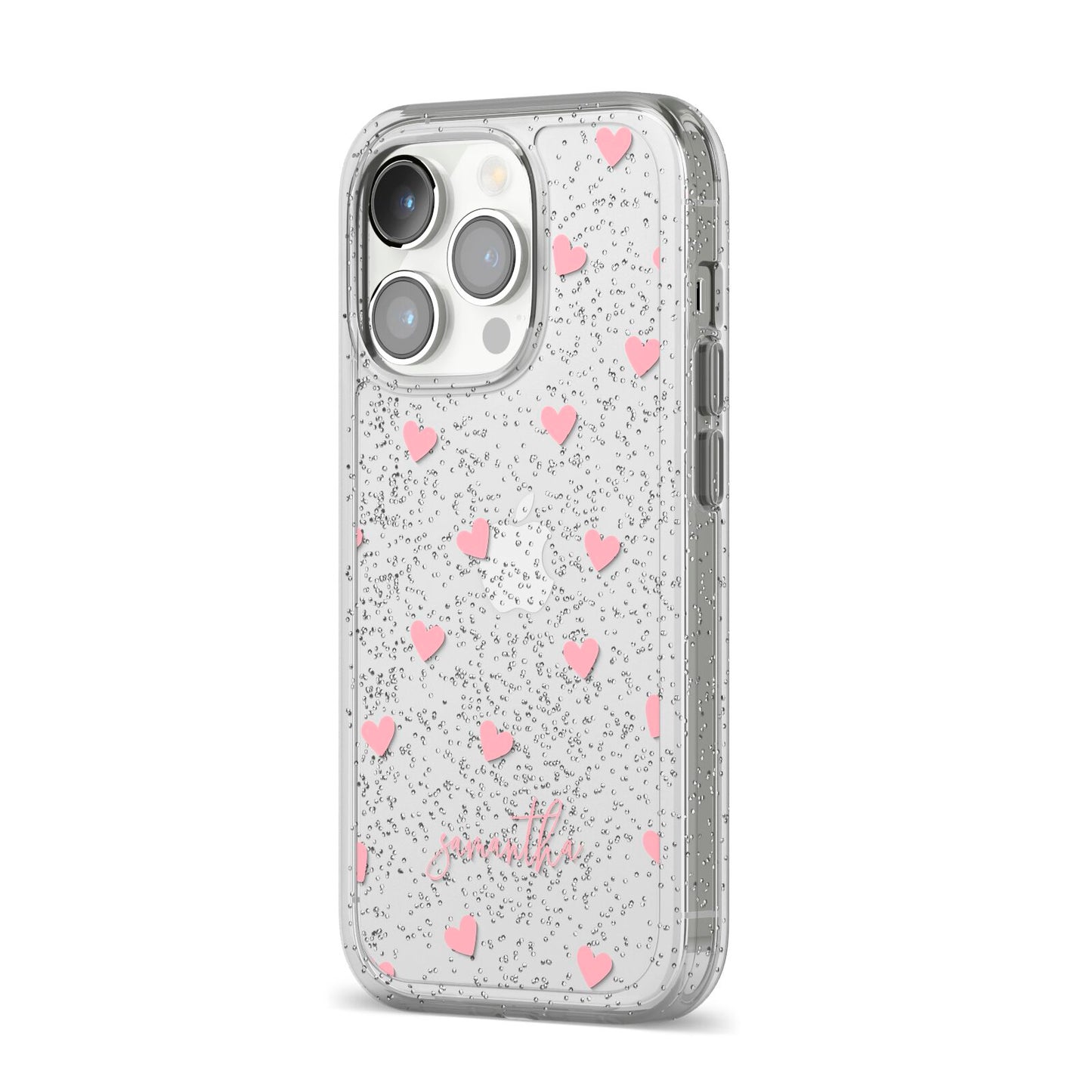 Pink Hearts with Custom Name iPhone 14 Pro Glitter Tough Case Silver Angled Image