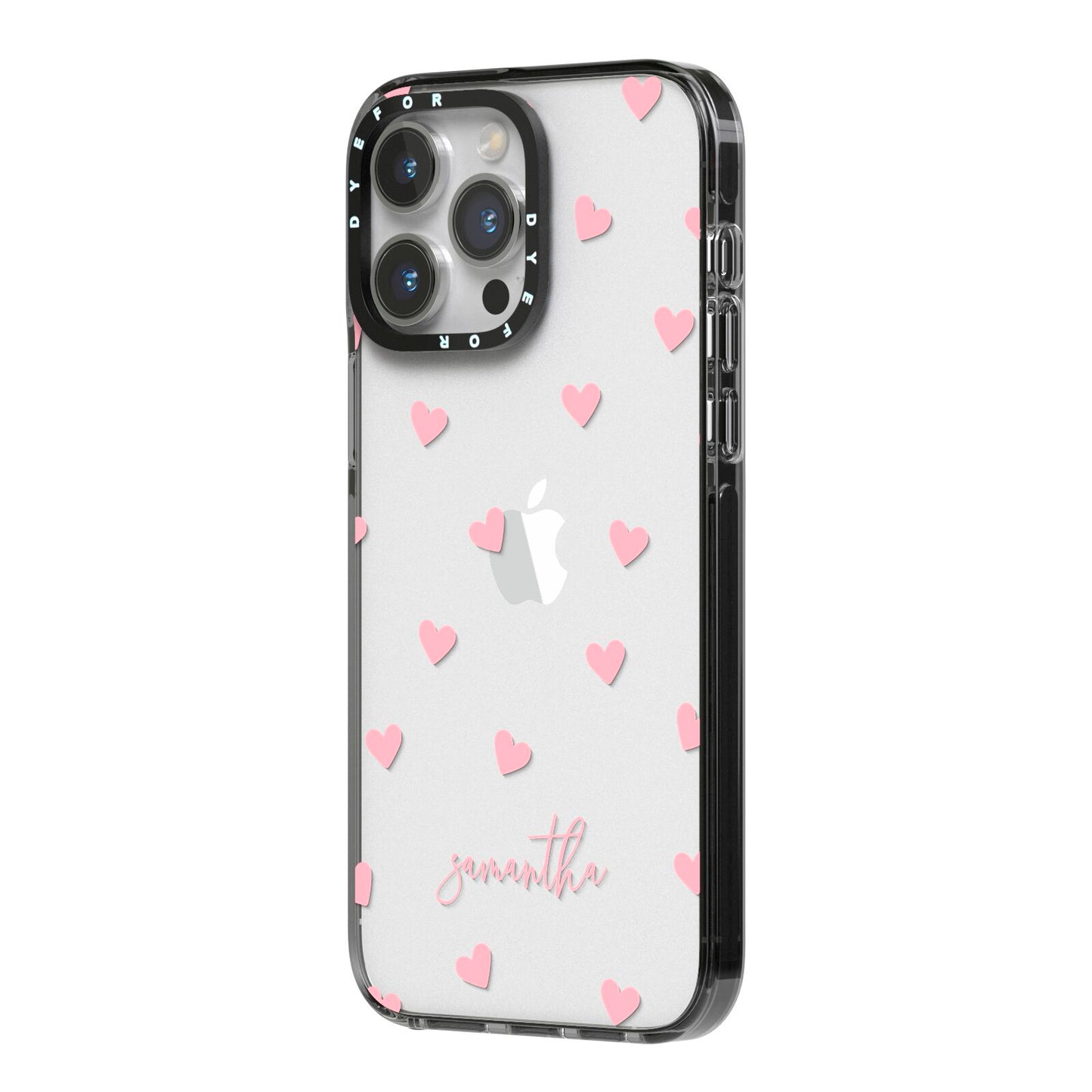 Pink Hearts with Custom Name iPhone 14 Pro Max Black Impact Case Side Angle on Silver phone