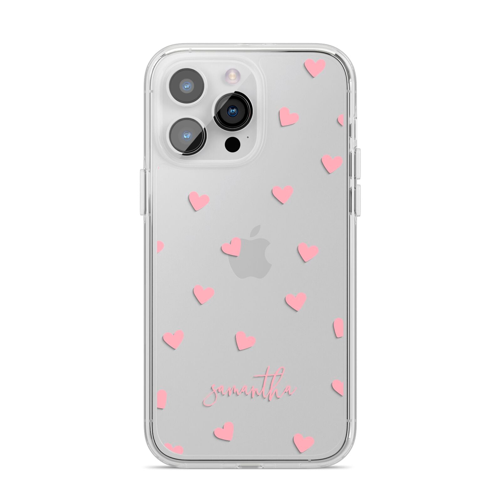 Pink Hearts with Custom Name iPhone 14 Pro Max Clear Tough Case Silver