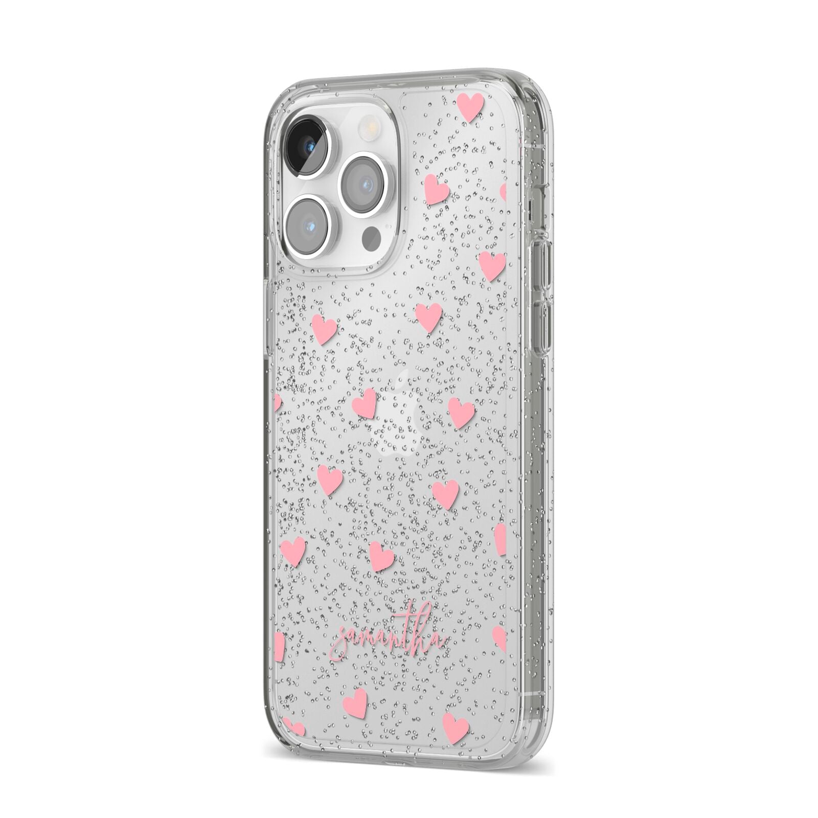 Pink Hearts with Custom Name iPhone 14 Pro Max Glitter Tough Case Silver Angled Image