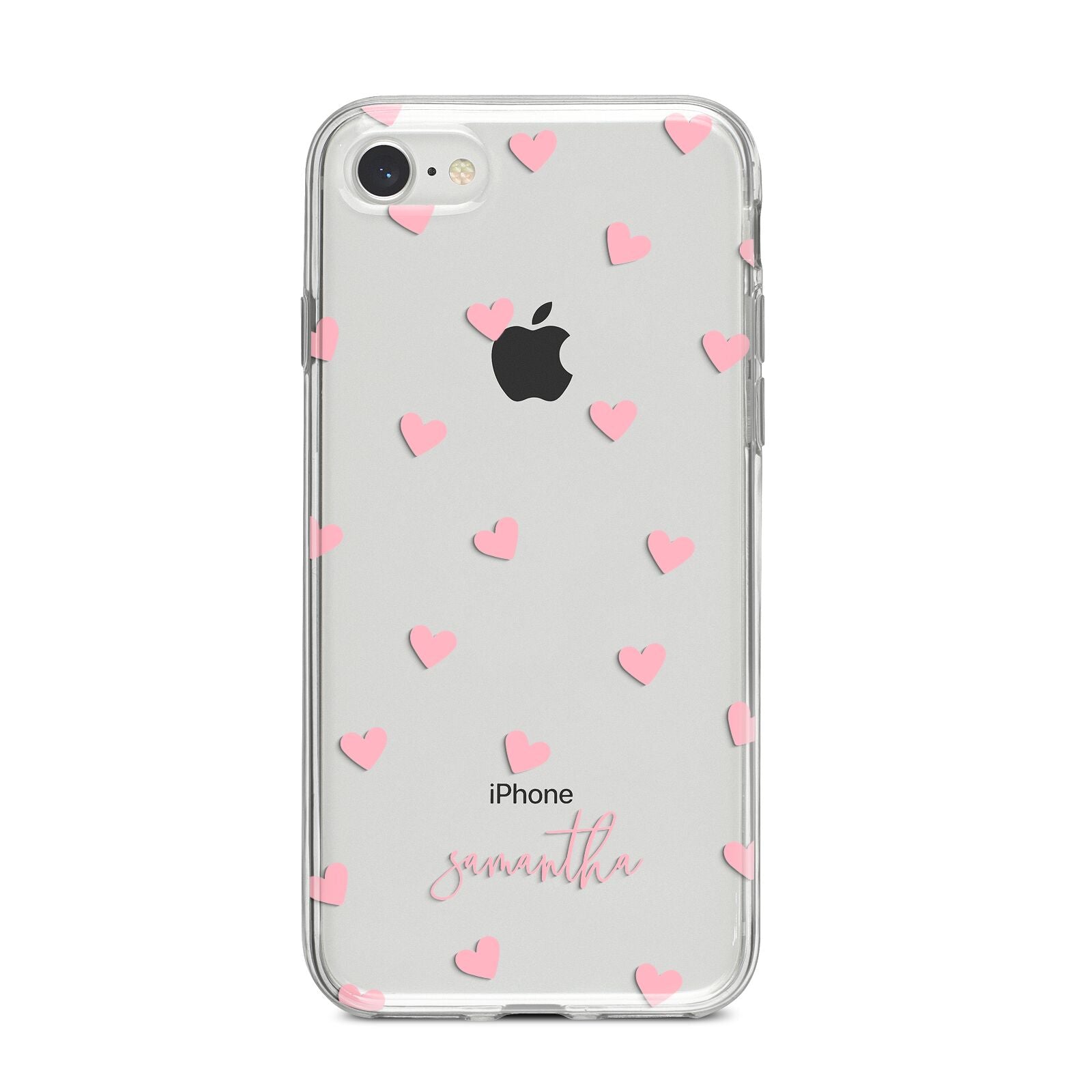 Pink Hearts with Custom Name iPhone 8 Bumper Case on Silver iPhone