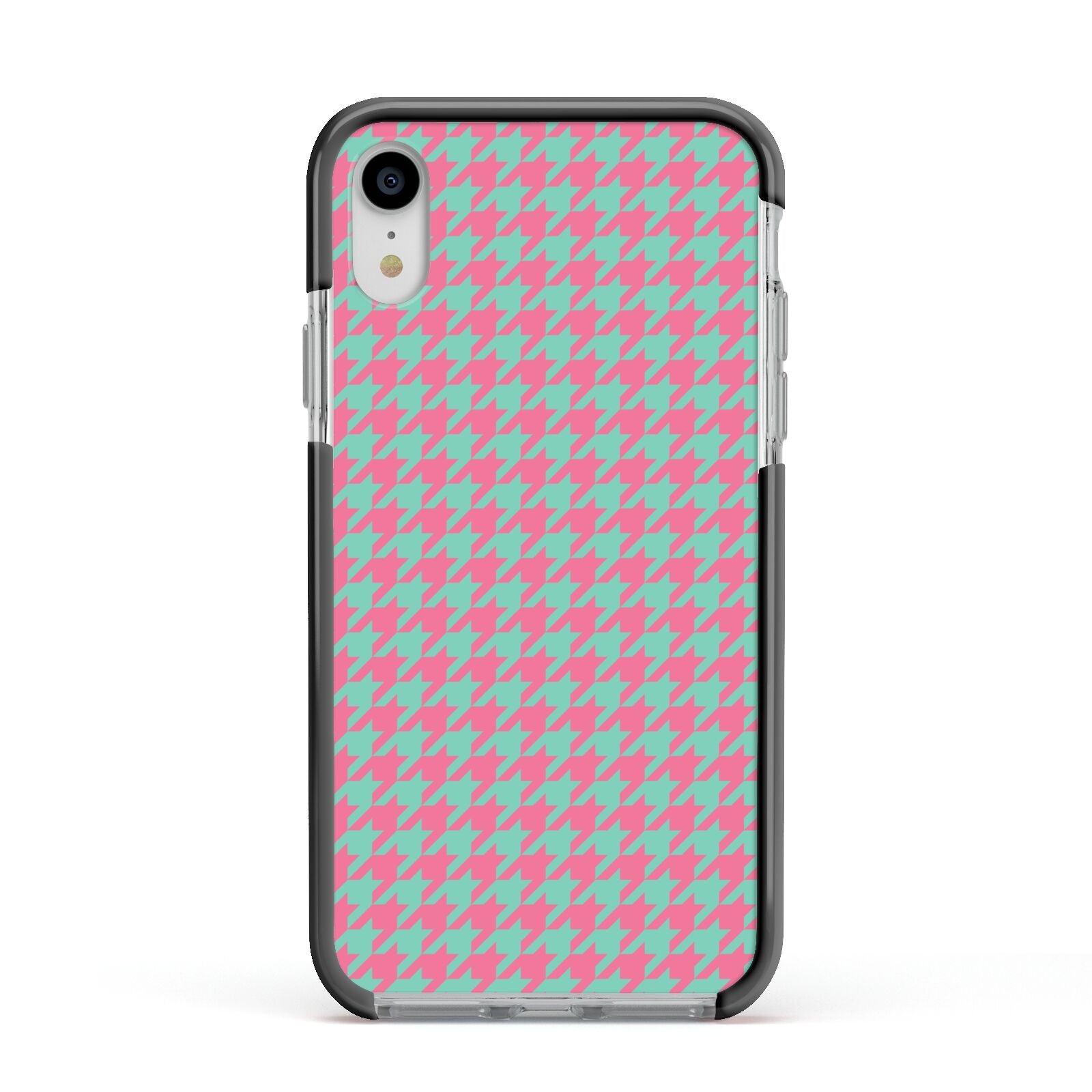 Pink Houndstooth Apple iPhone XR Impact Case Black Edge on Silver Phone