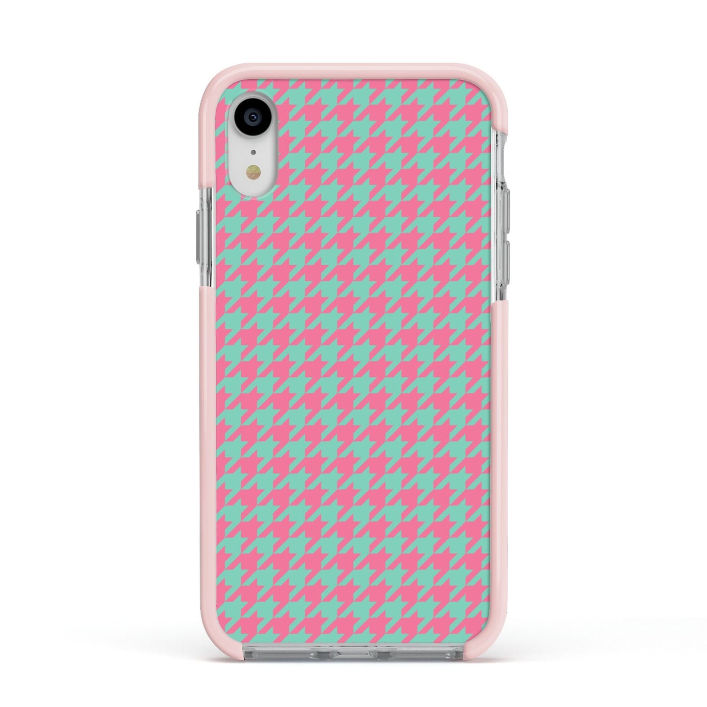 Pink Houndstooth Apple iPhone XR Impact Case Pink Edge on Silver Phone