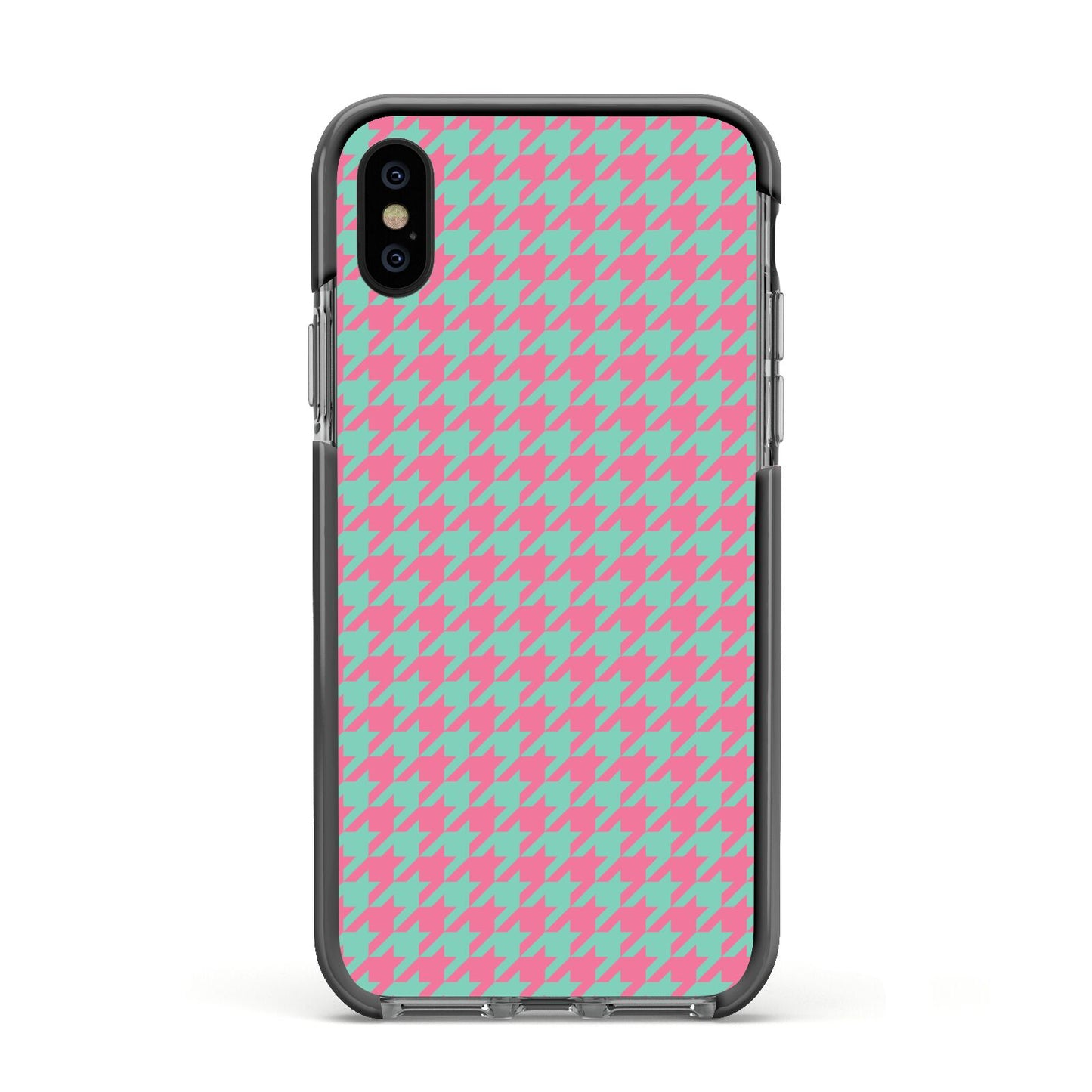 Pink Houndstooth Apple iPhone Xs Impact Case Black Edge on Black Phone