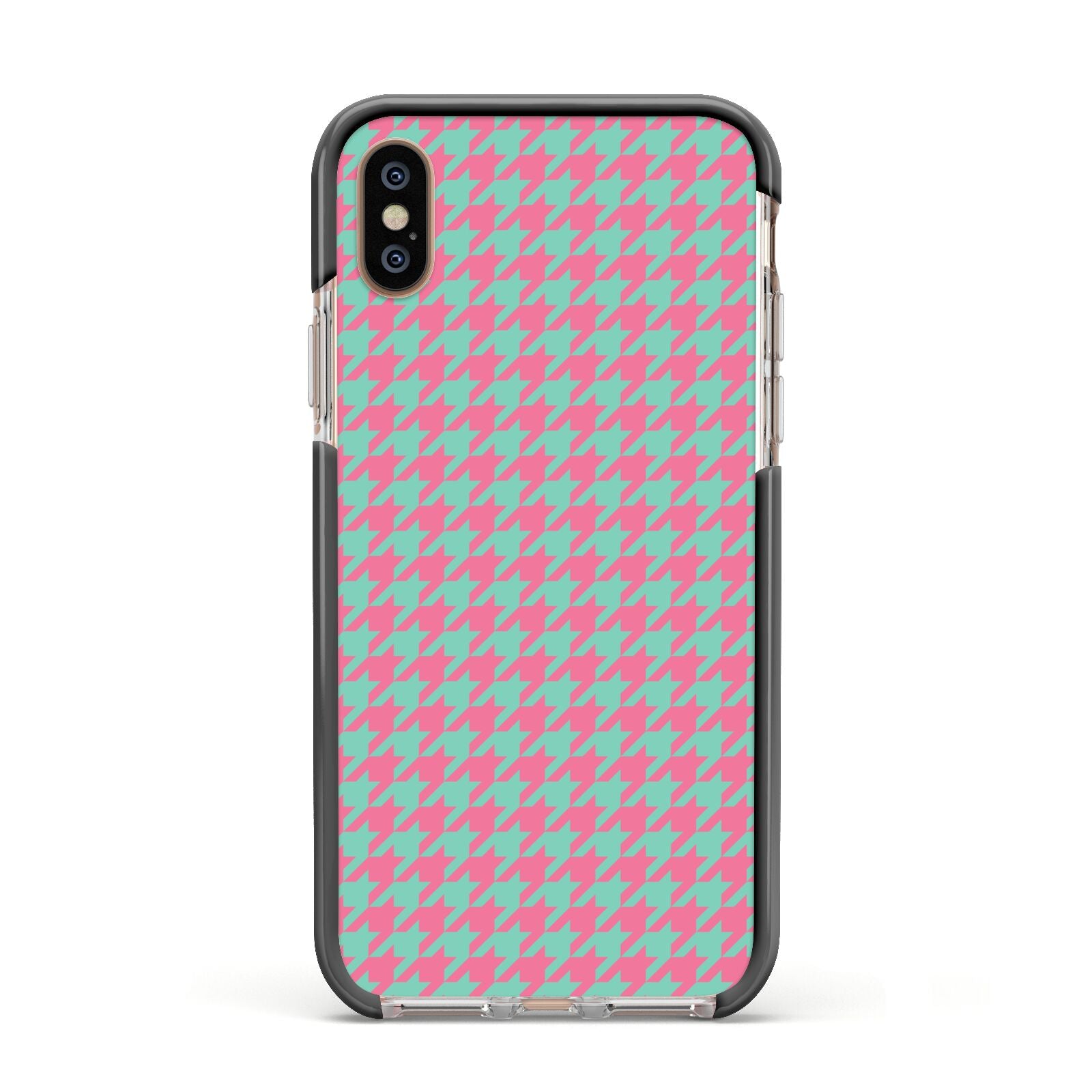 Pink Houndstooth Apple iPhone Xs Impact Case Black Edge on Gold Phone