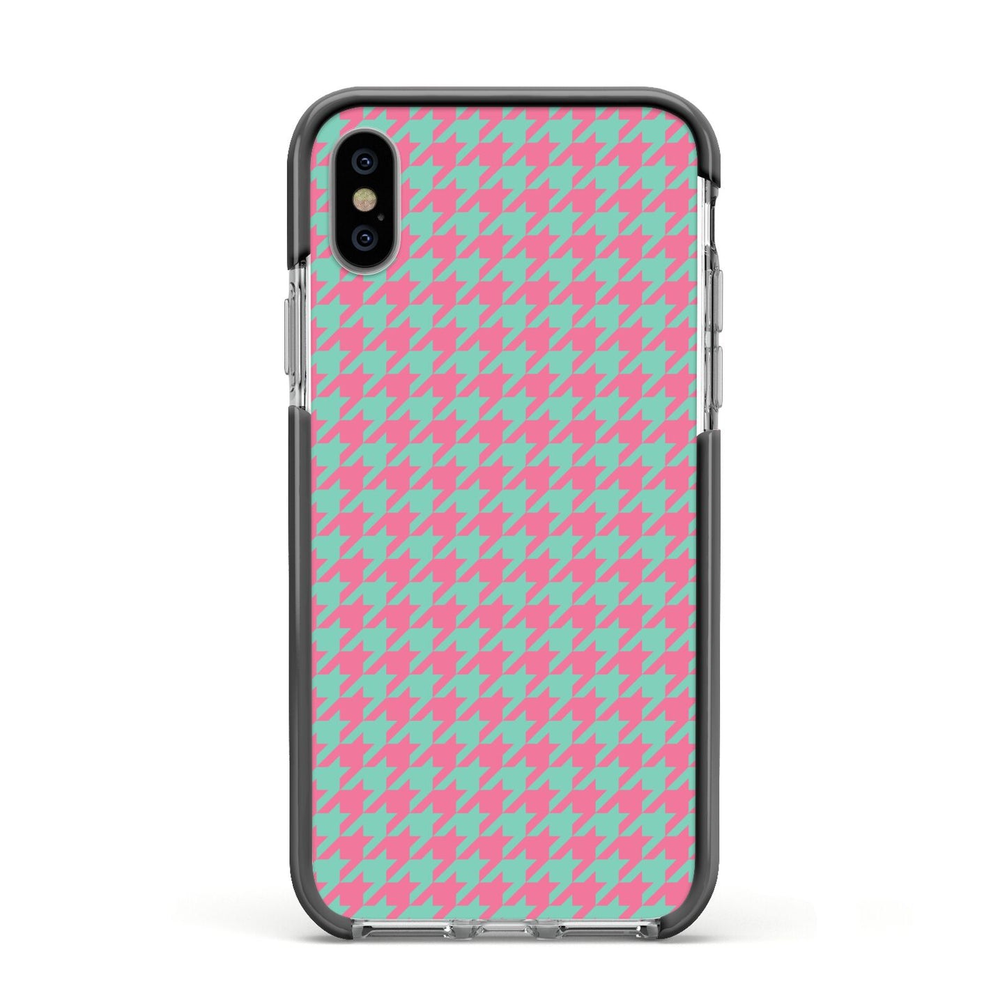 Pink Houndstooth Apple iPhone Xs Impact Case Black Edge on Silver Phone