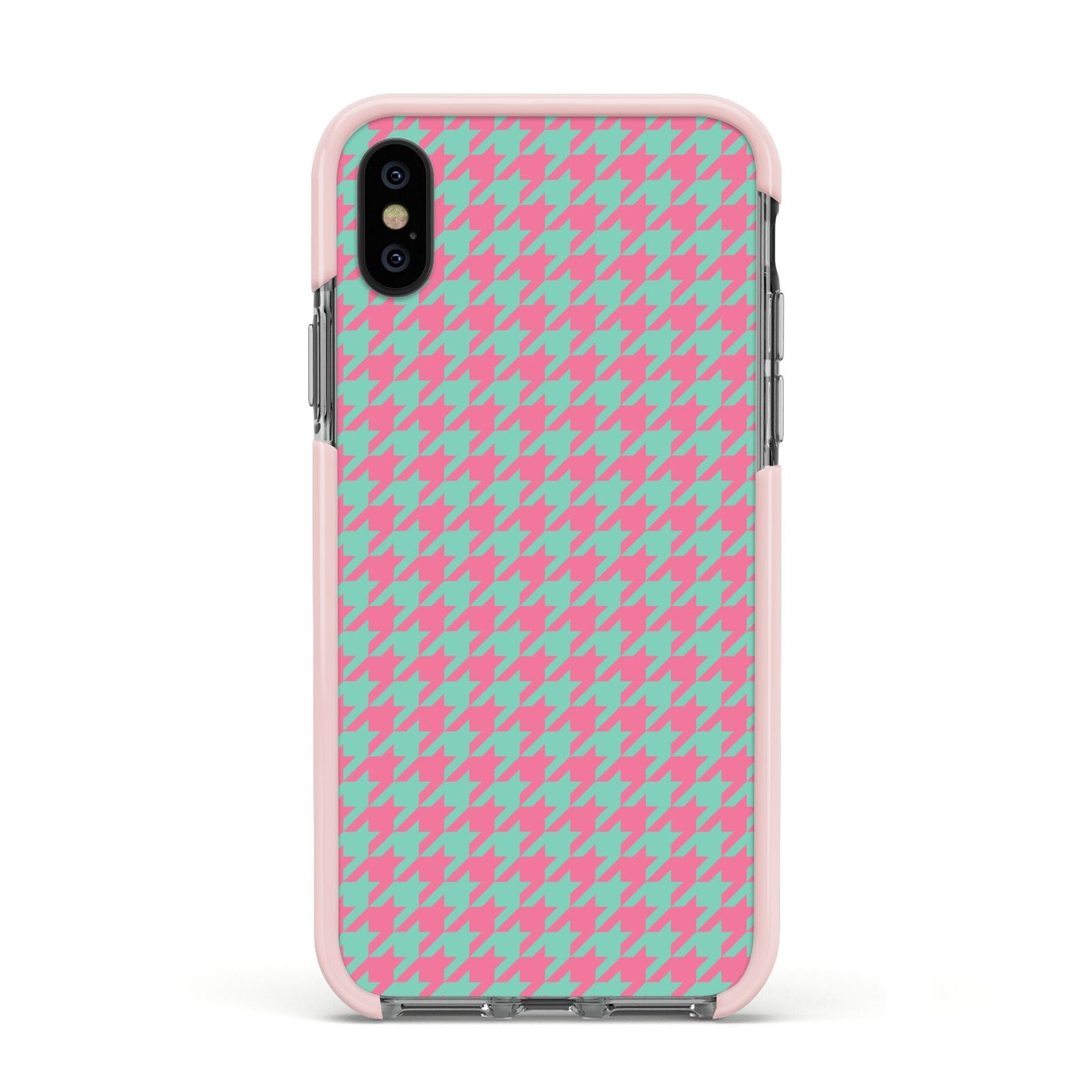 Pink Houndstooth Apple iPhone Xs Impact Case Pink Edge on Black Phone