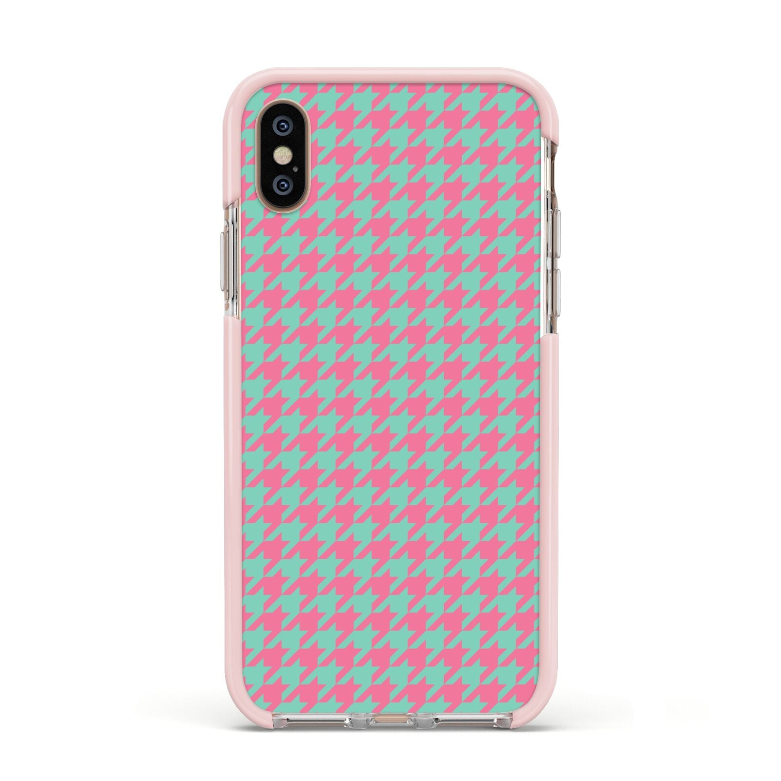 Pink Houndstooth Apple iPhone Xs Impact Case Pink Edge on Gold Phone