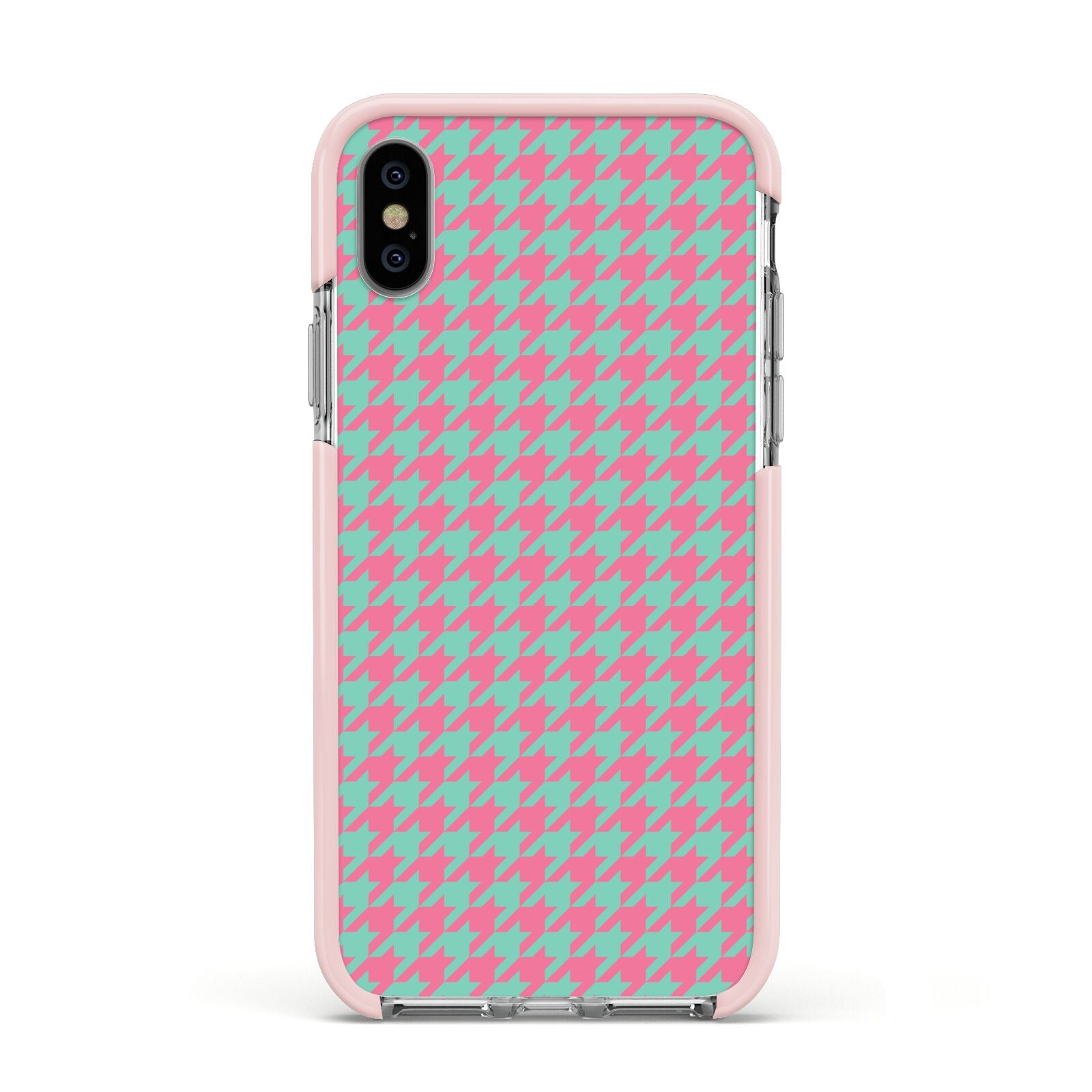 Pink Houndstooth Apple iPhone Xs Impact Case Pink Edge on Silver Phone