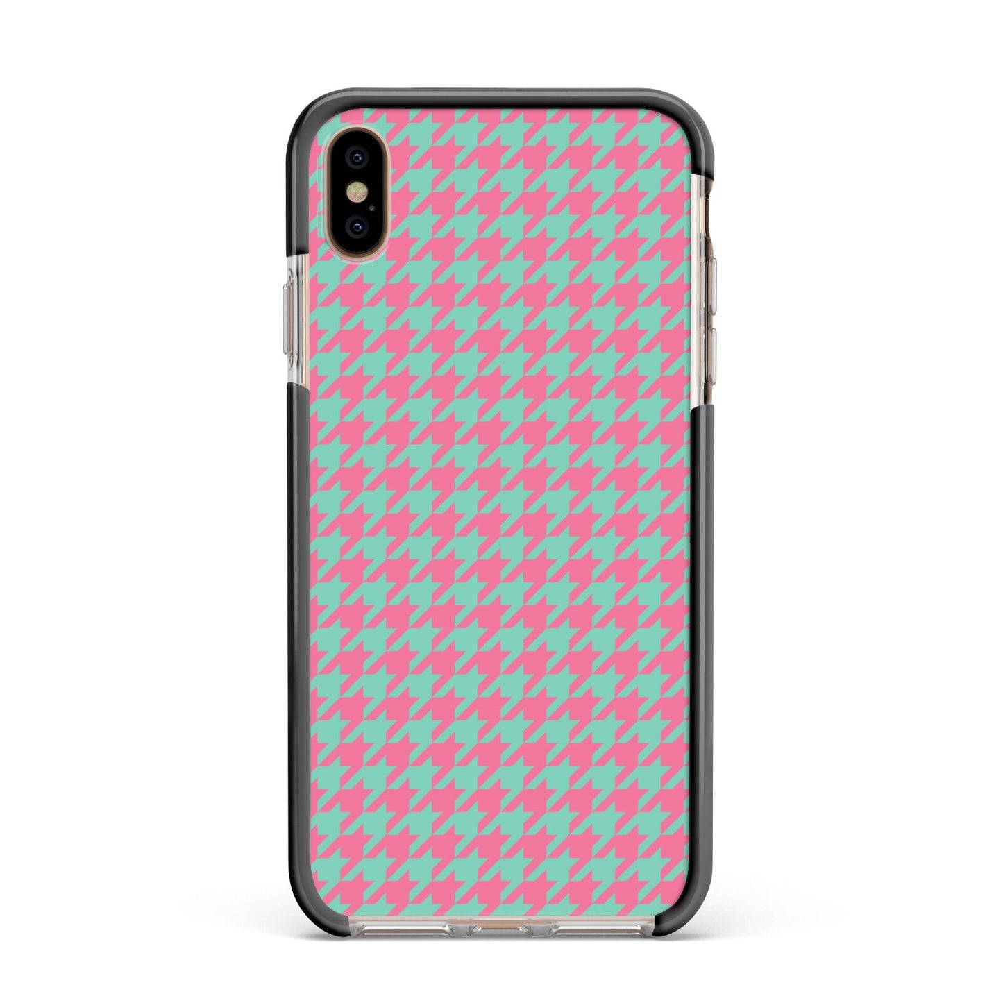 Pink Houndstooth Apple iPhone Xs Max Impact Case Black Edge on Gold Phone