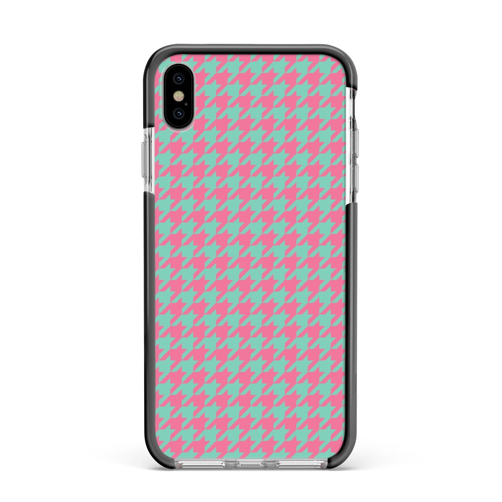 Pink Houndstooth Apple iPhone Xs Max Impact Case Black Edge on Silver Phone