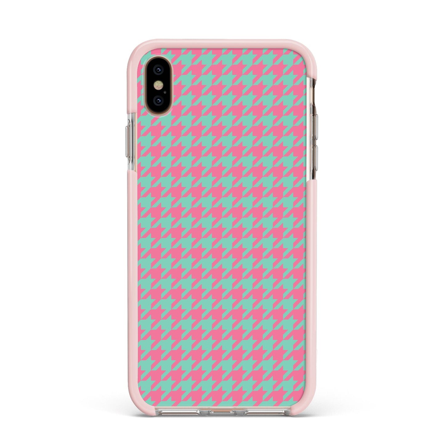 Pink Houndstooth Apple iPhone Xs Max Impact Case Pink Edge on Gold Phone