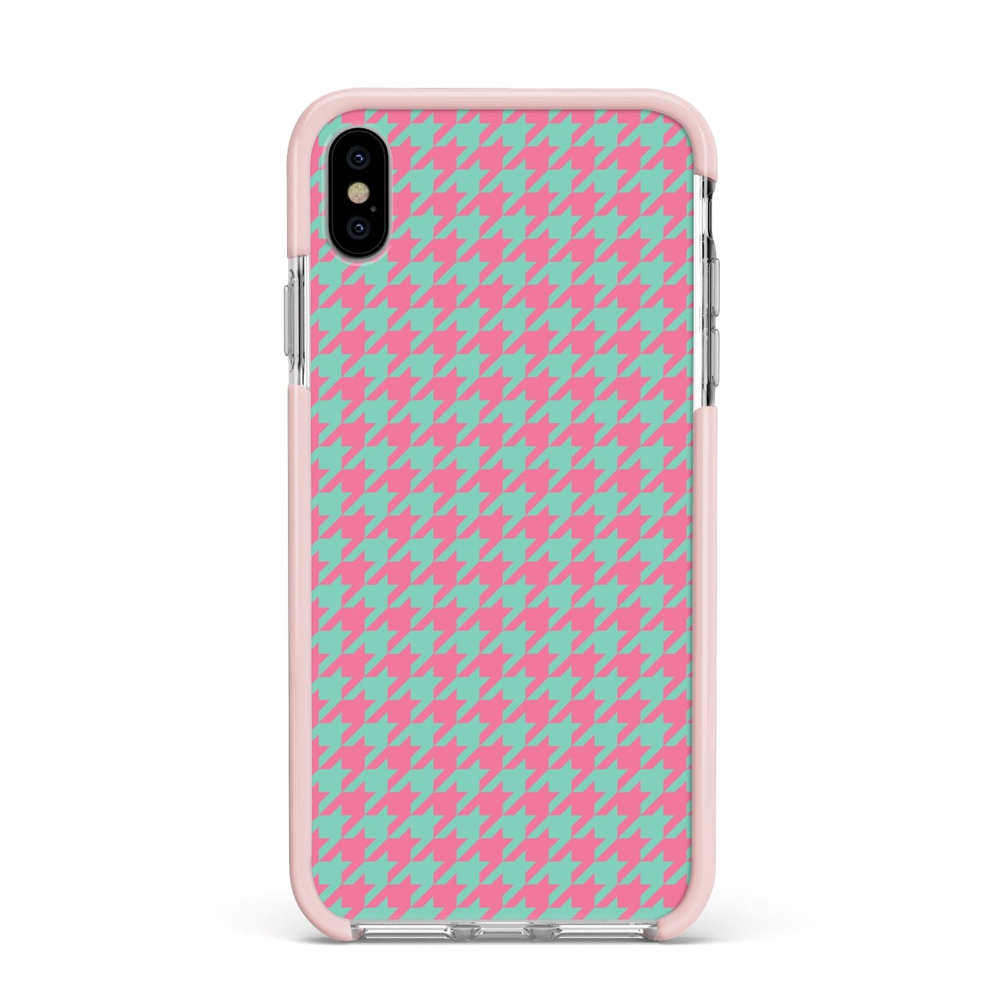 Pink Houndstooth Apple iPhone Xs Max Impact Case Pink Edge on Silver Phone