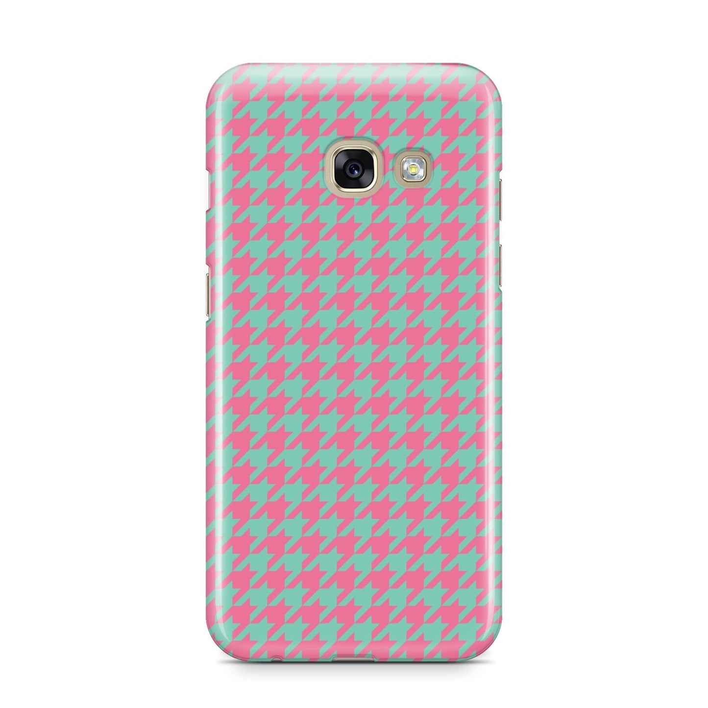 Pink Houndstooth Samsung Galaxy A3 2017 Case on gold phone