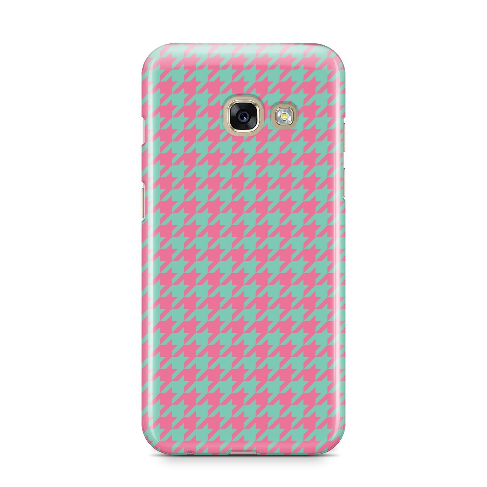 Pink Houndstooth Samsung Galaxy A3 2017 Case on gold phone