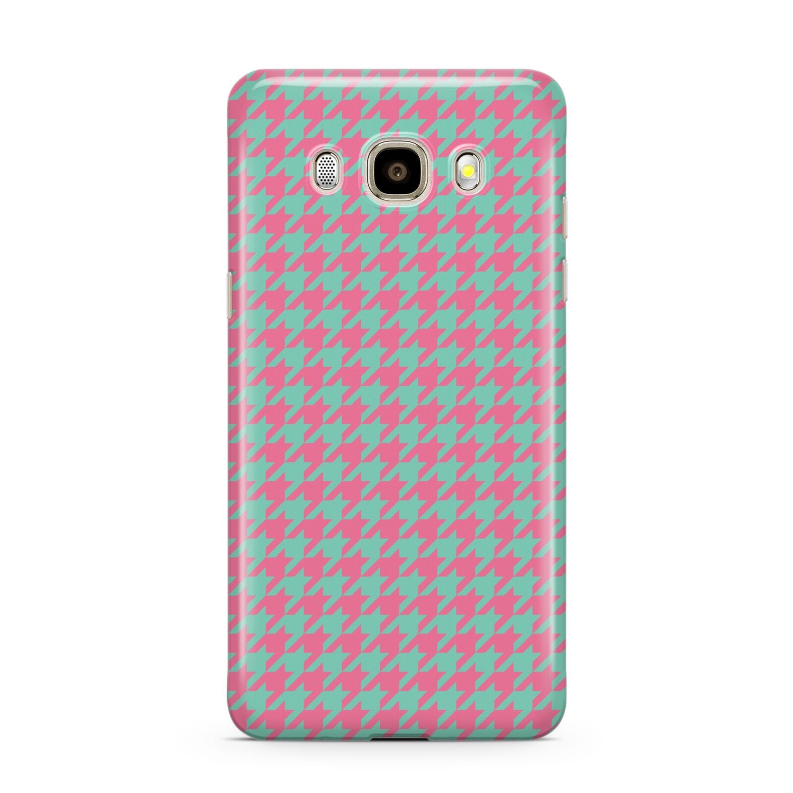 Pink Houndstooth Samsung Galaxy J7 2016 Case on gold phone