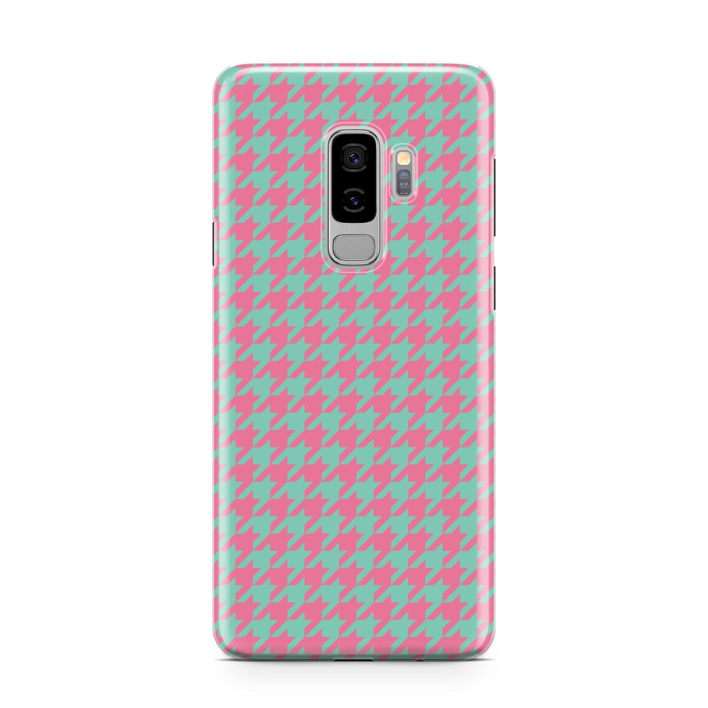Pink Houndstooth Samsung Galaxy S9 Plus Case on Silver phone