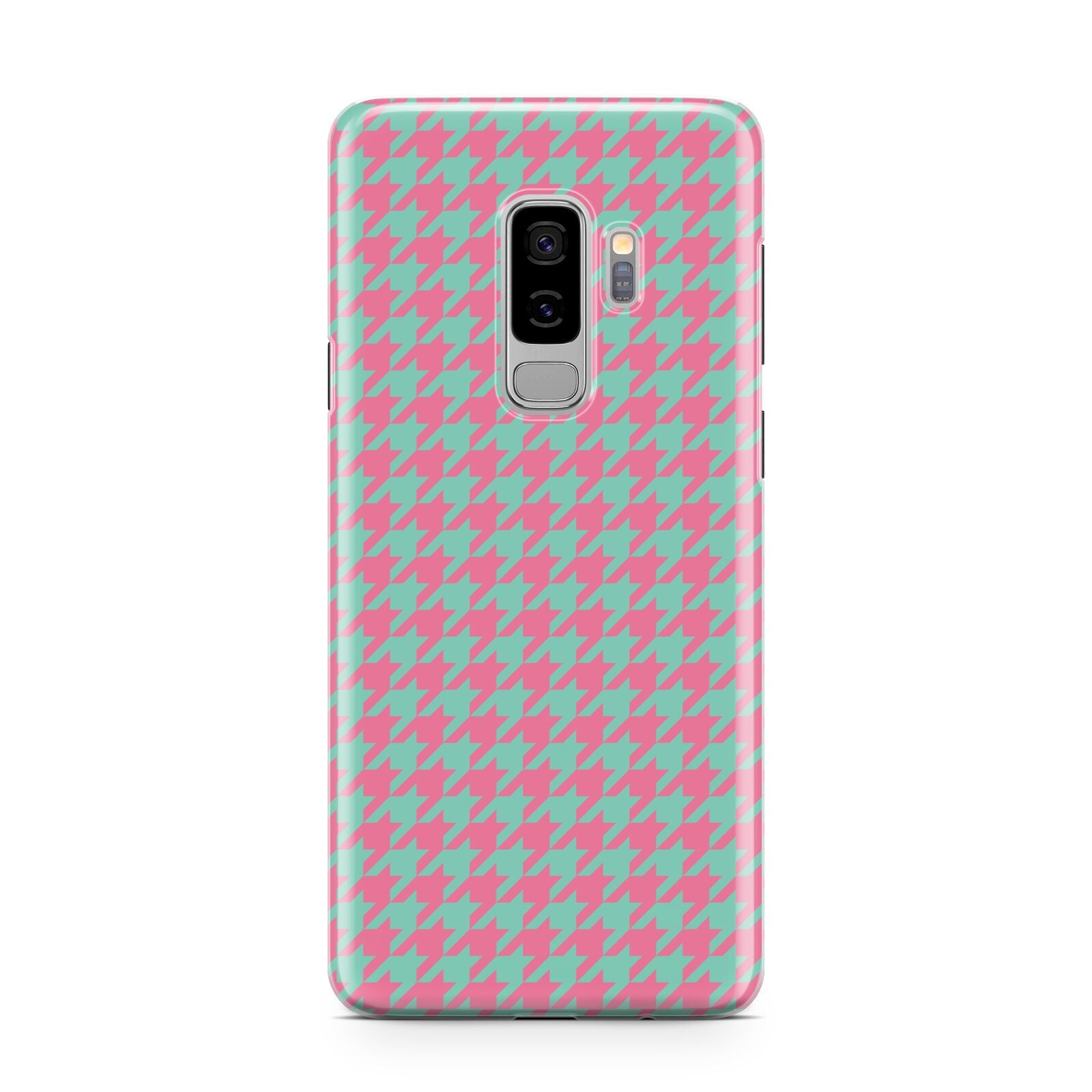 Pink Houndstooth Samsung Galaxy S9 Plus Case on Silver phone