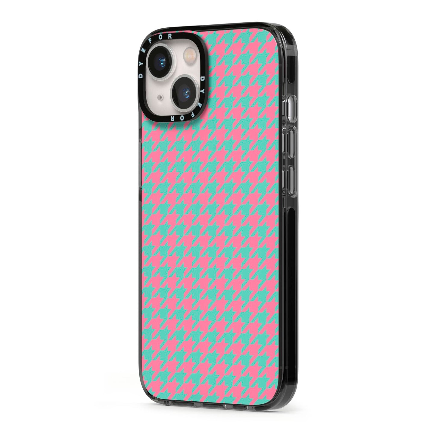 Pink Houndstooth iPhone 13 Black Impact Case Side Angle on Silver phone