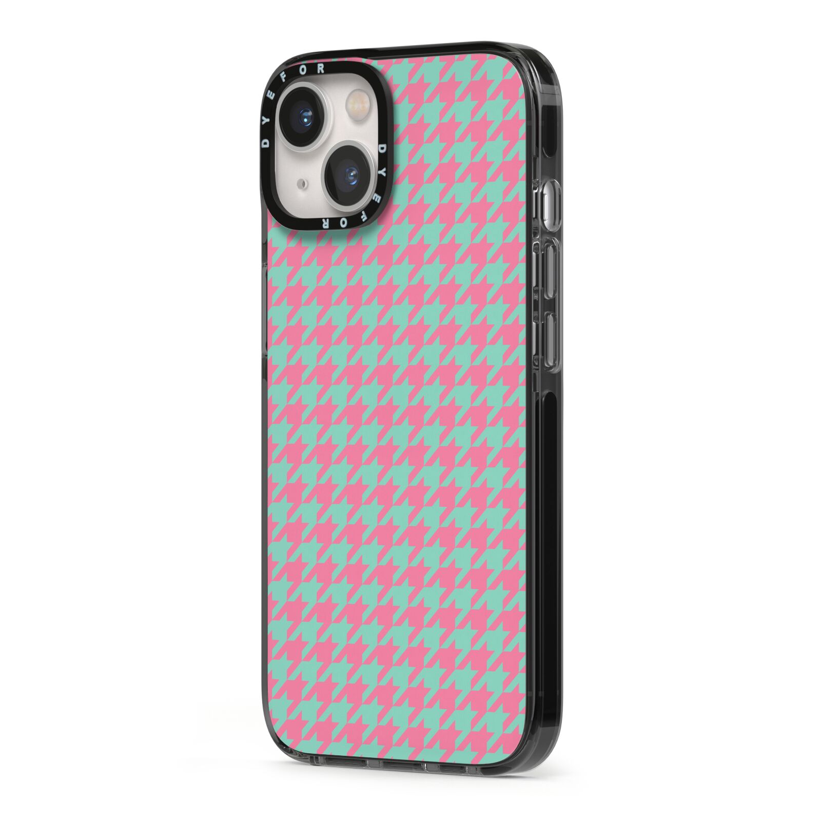 Pink Houndstooth iPhone 13 Black Impact Case Side Angle on Silver phone