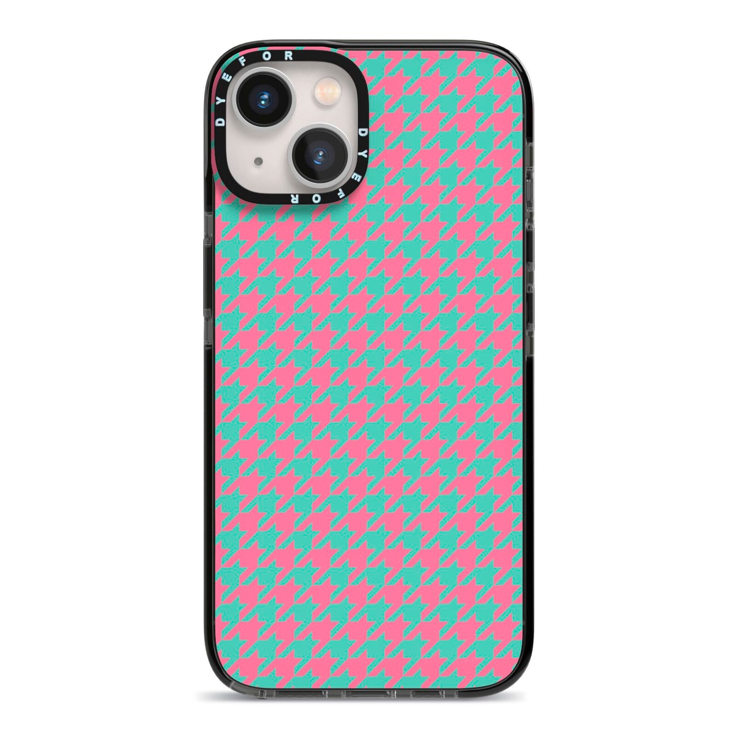 Pink Houndstooth iPhone 13 Black Impact Case on Silver phone