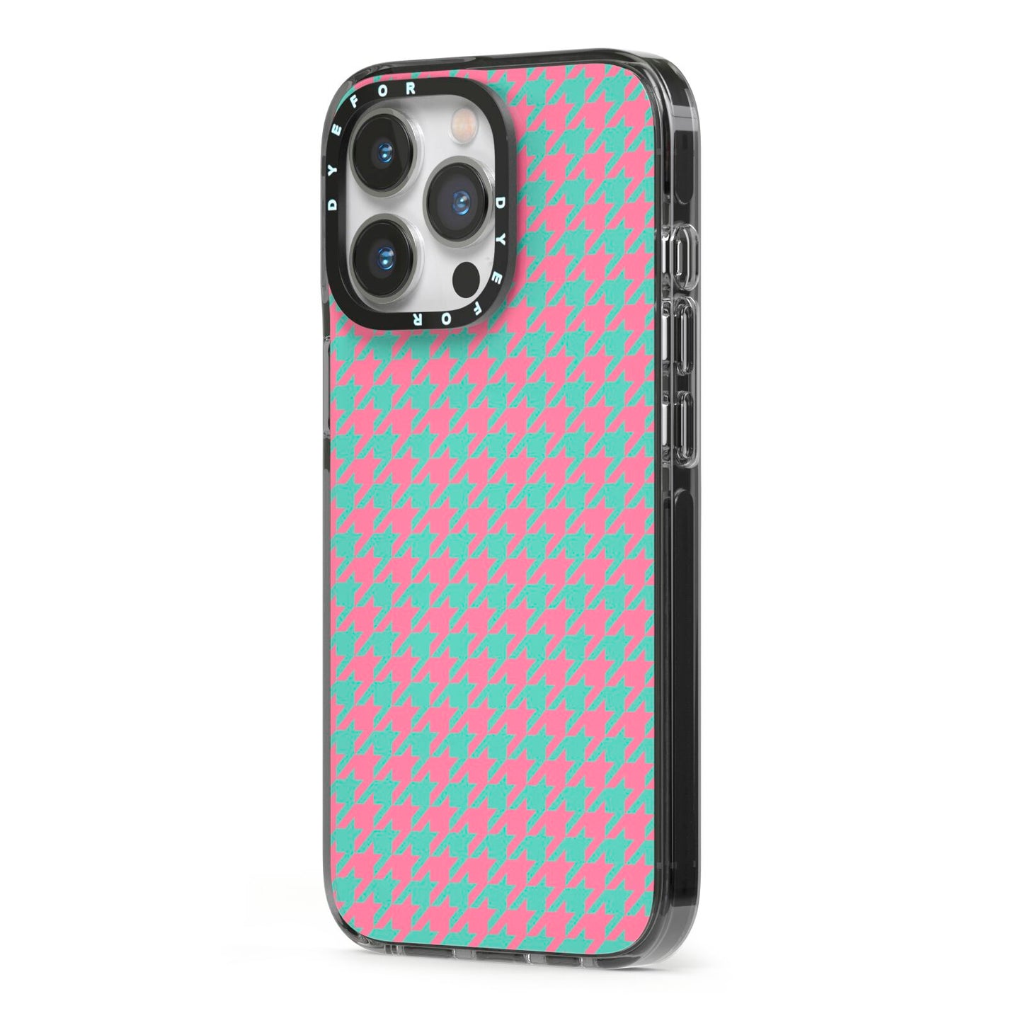 Pink Houndstooth iPhone 13 Pro Black Impact Case Side Angle on Silver phone