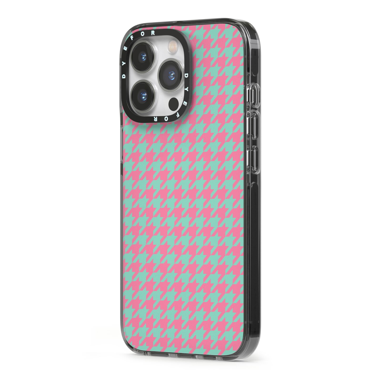 Pink Houndstooth iPhone 13 Pro Black Impact Case Side Angle on Silver phone